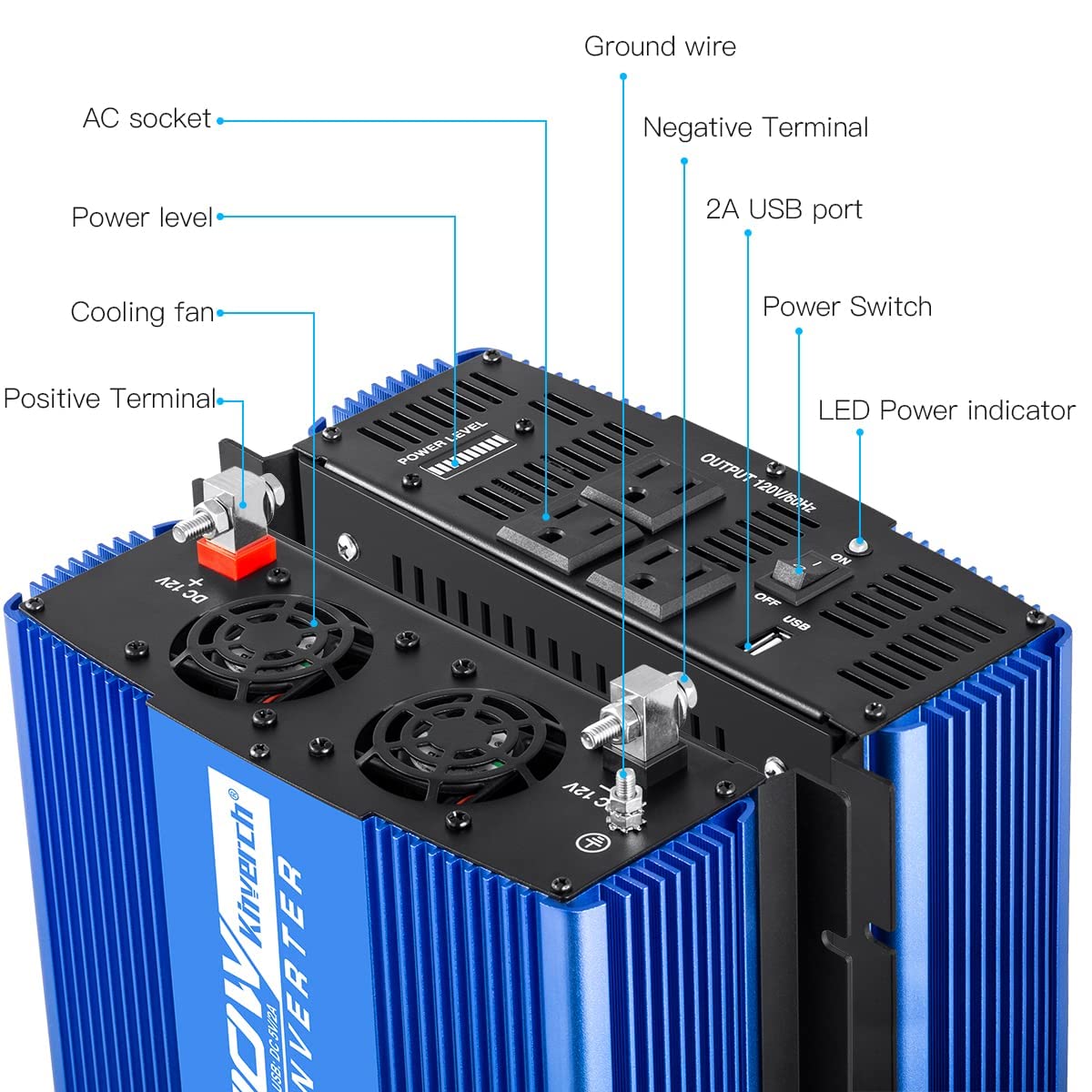 kinverch 2000W Continuous/ 4000W Peak Power Inverter 3 AC Outlets 12V ...