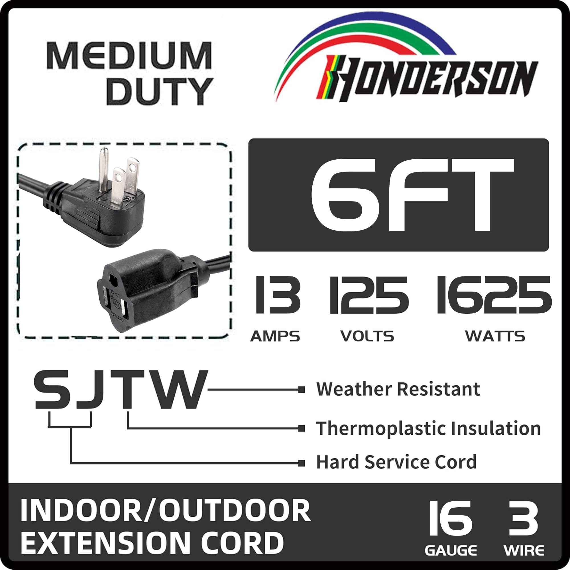 Honderson Flat Plug Extension Cord, Ul Listed, Indoor Extension Cord 16 Gauge 6Ft Black, 16/3 Spt 3 13A 3 Prong Grounded Power C