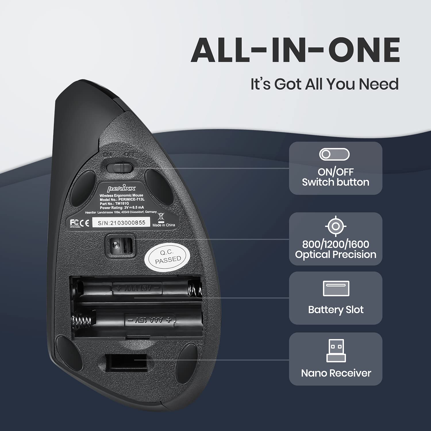 Perixx Perimice 713L, Wireless Ergonomic Left Handed Vertical Mouse, 6 Buttons Design, 3 Level Dpi, Black, Medium