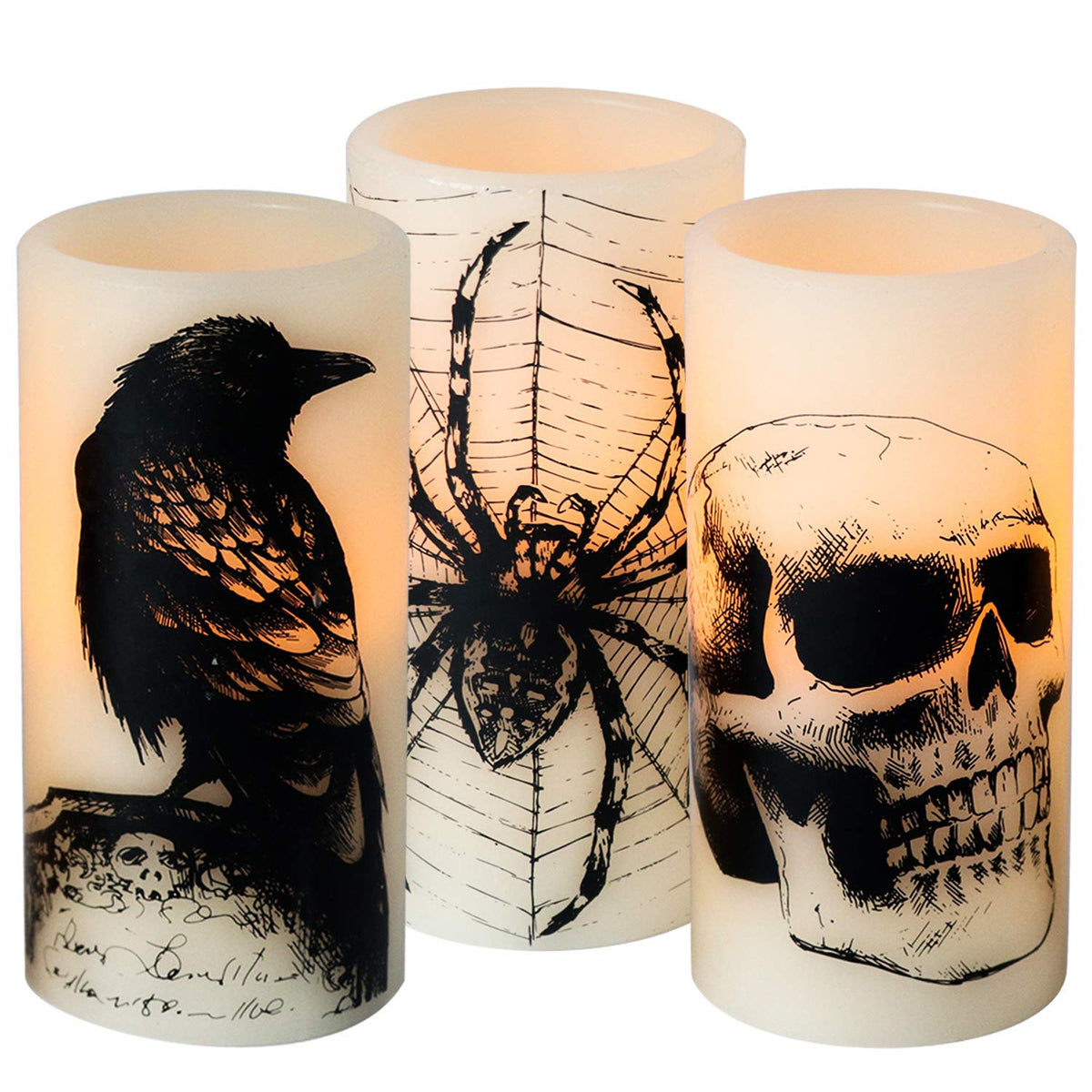 Dromance Halloween Flameless Flickering Candles Battery Operated With 6 Hour Timer White Real Wax Spooky Led Pillar Candles Skul