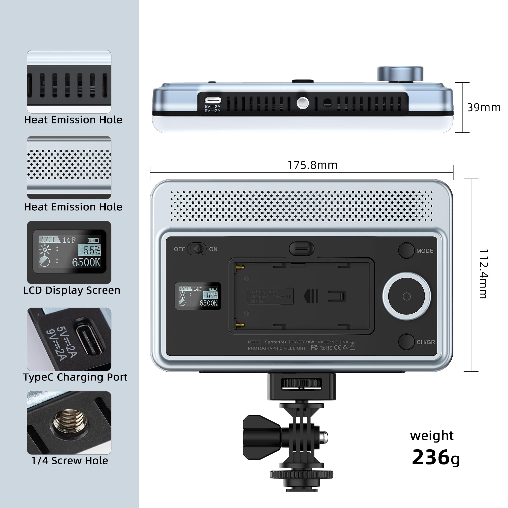 Viltrox 15C Rgb Led Panel Light, Smartphone Control 360 Full Color On Camera Led Photography Lighting With Cold Shoe,2200Mah Rec