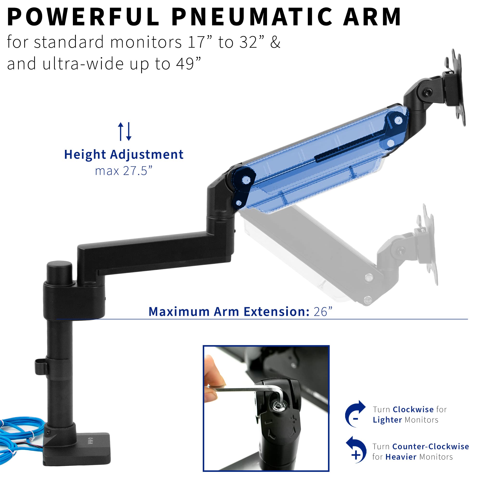 VIVO Premium Aluminum Tall Extended Monitor Arm for Ultrawide Monitors up to 49 inches and 33 lbs, USB Single Desk Mount Stand, Pneumatic Height Adjust, Max VESA 100x100, Black, STAND V101GTU