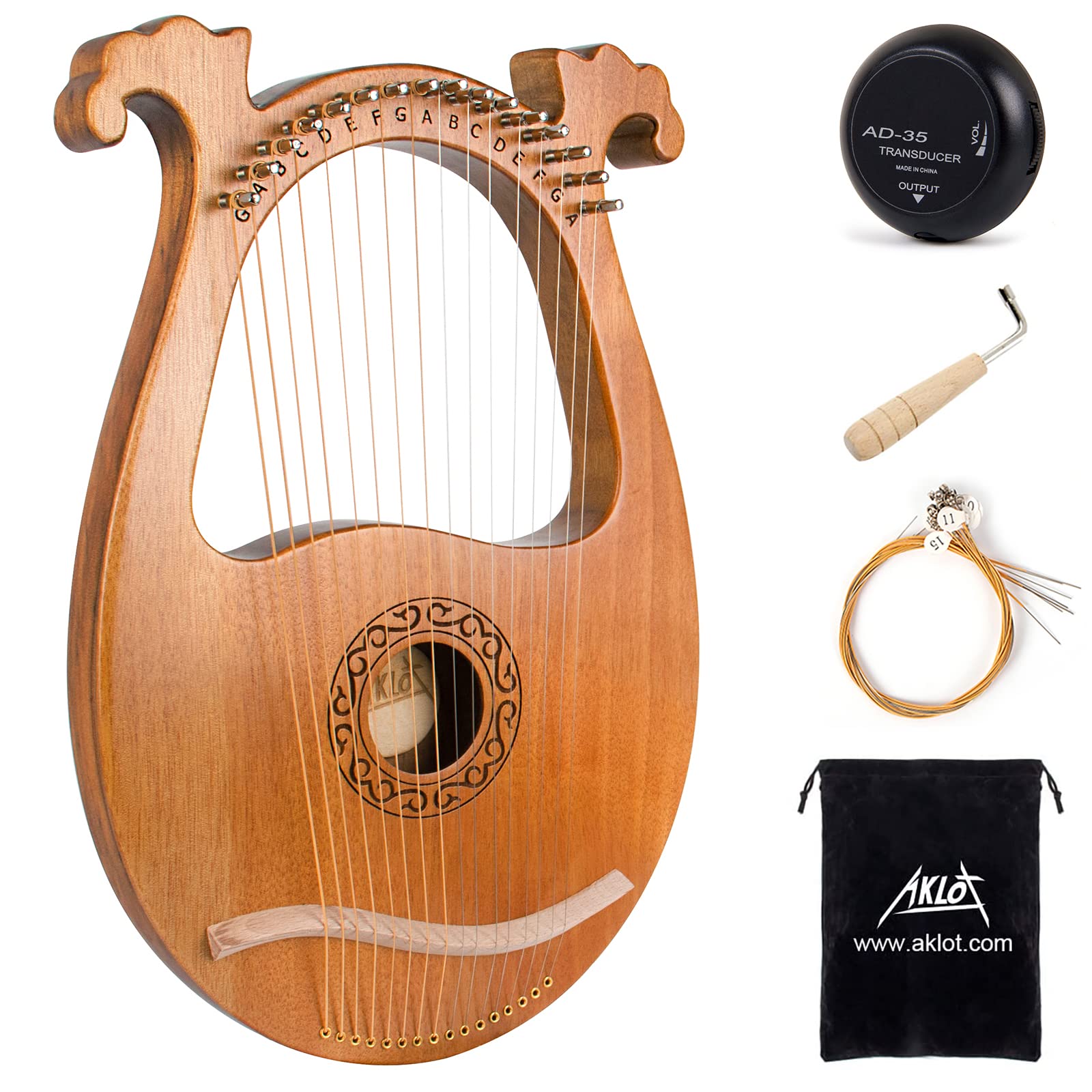 Lyre Harp, Aklot 16 Metal Strings Mahogany Body Lyra Harp With Maple Saddle Carved Note Tuning Wrench Pickup Strings And Black G