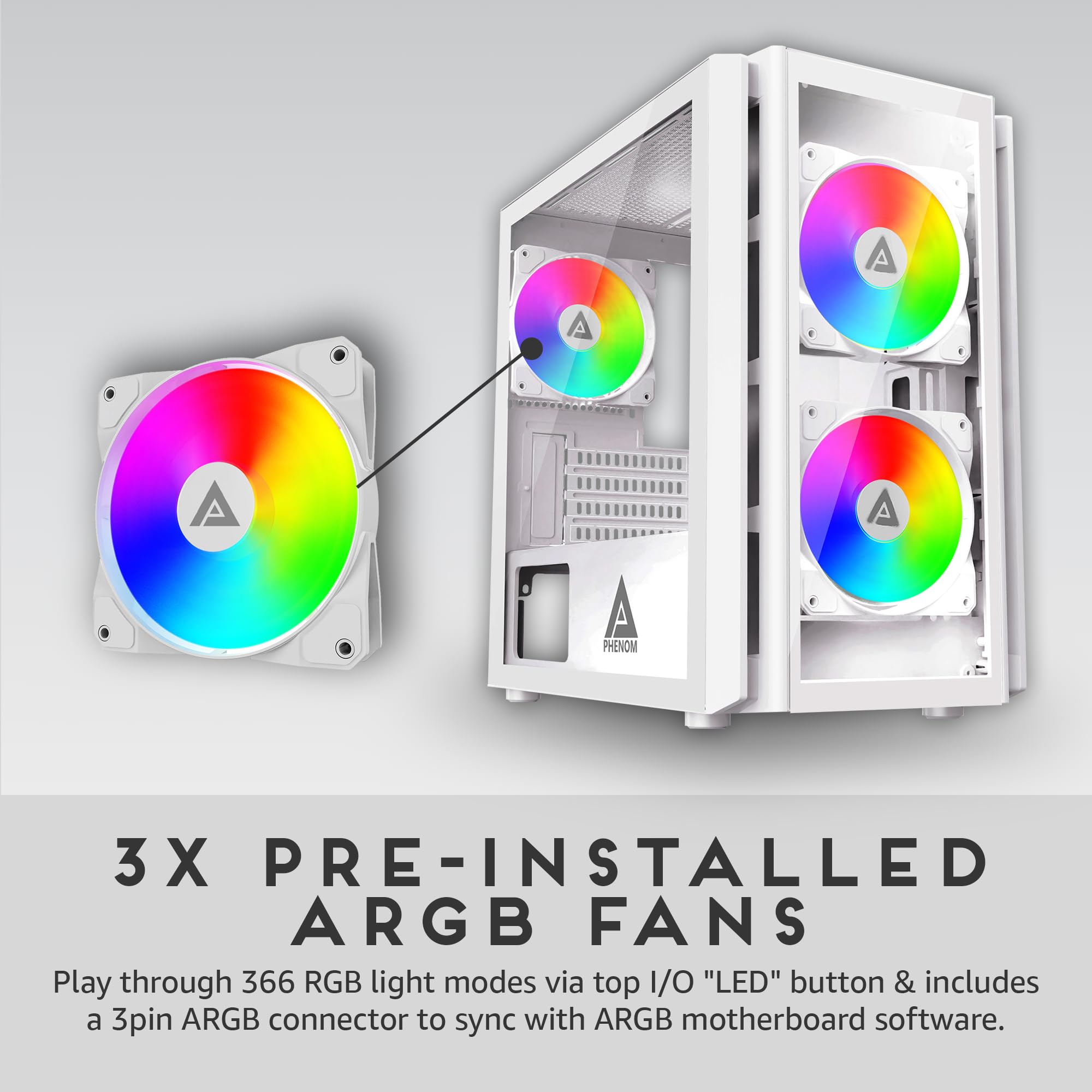 Apevia Phenom Wh Phenom Micro Atx Gaming Pc Case W/ 3X 120Mm Argb Fans, 366 Rgb Light Modes, 2X Tempered Glass Panels, Front Pan