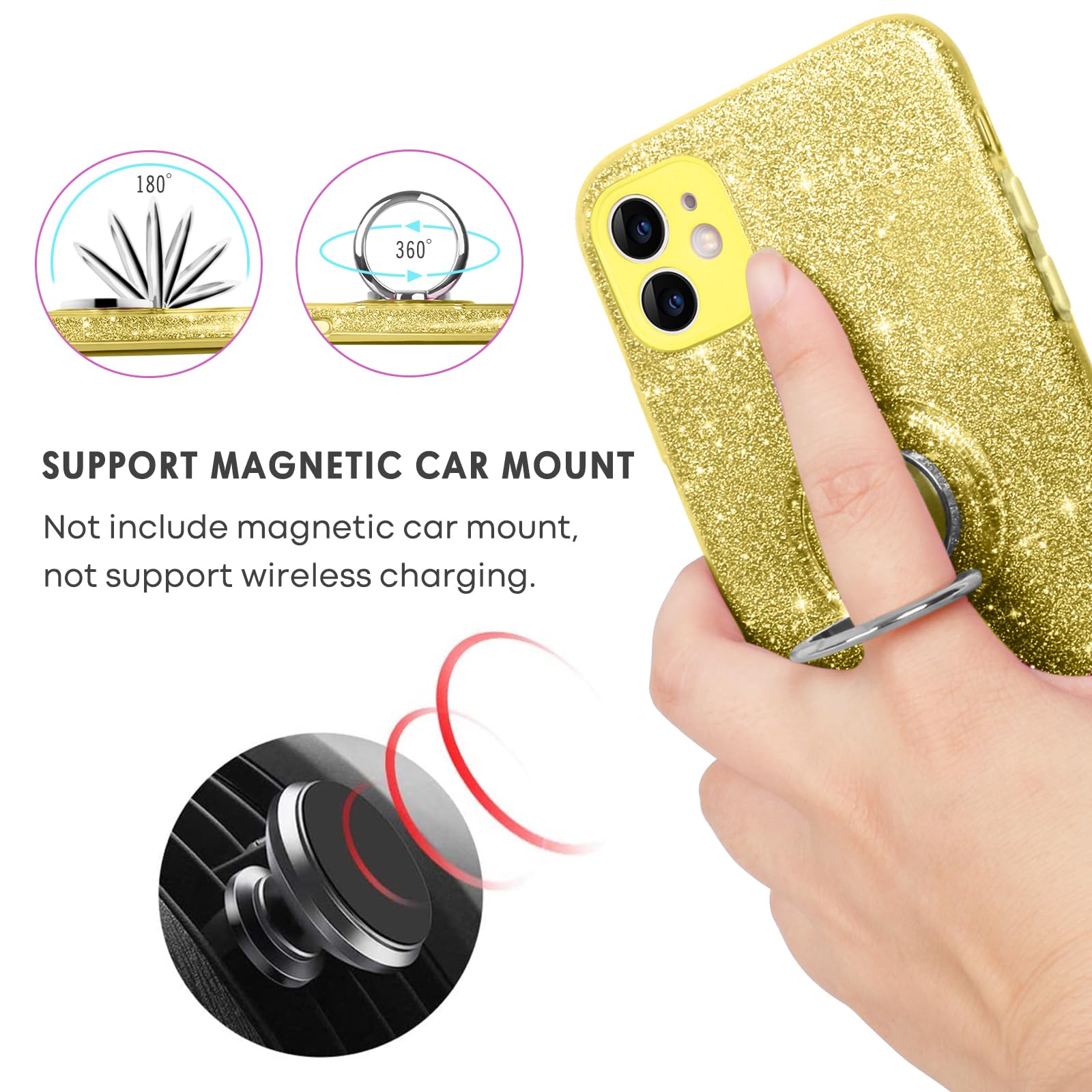 Soulips Iphone 12 Mini Case,Magnetic Car Mount Supported Slim Thin Glitter Sparkle With 360? Ring Holder Kickstand Shockproof Pr
