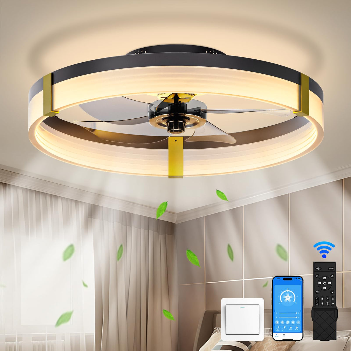 Jofios Ceiling Fans With Lights: 19.7In Low Profile   Ceiling Fan Light With Remote, Fandelier Ceiling Led Lights,Black Ceiling