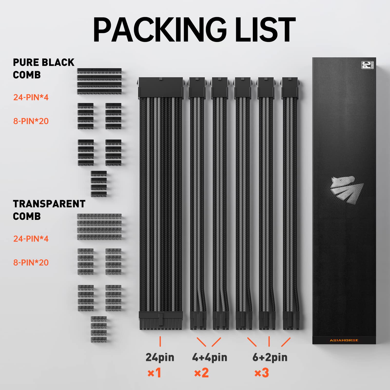 Asiahorse Power Supply Sleeved Cable For Power Supply Extension Cable Wire Kit 1X24 Pin/ 2X8 Port (4+4) M/B,3X8 Port (6+2) Pci E 30Cm Length With Combs(Dual Eps Black Mix)