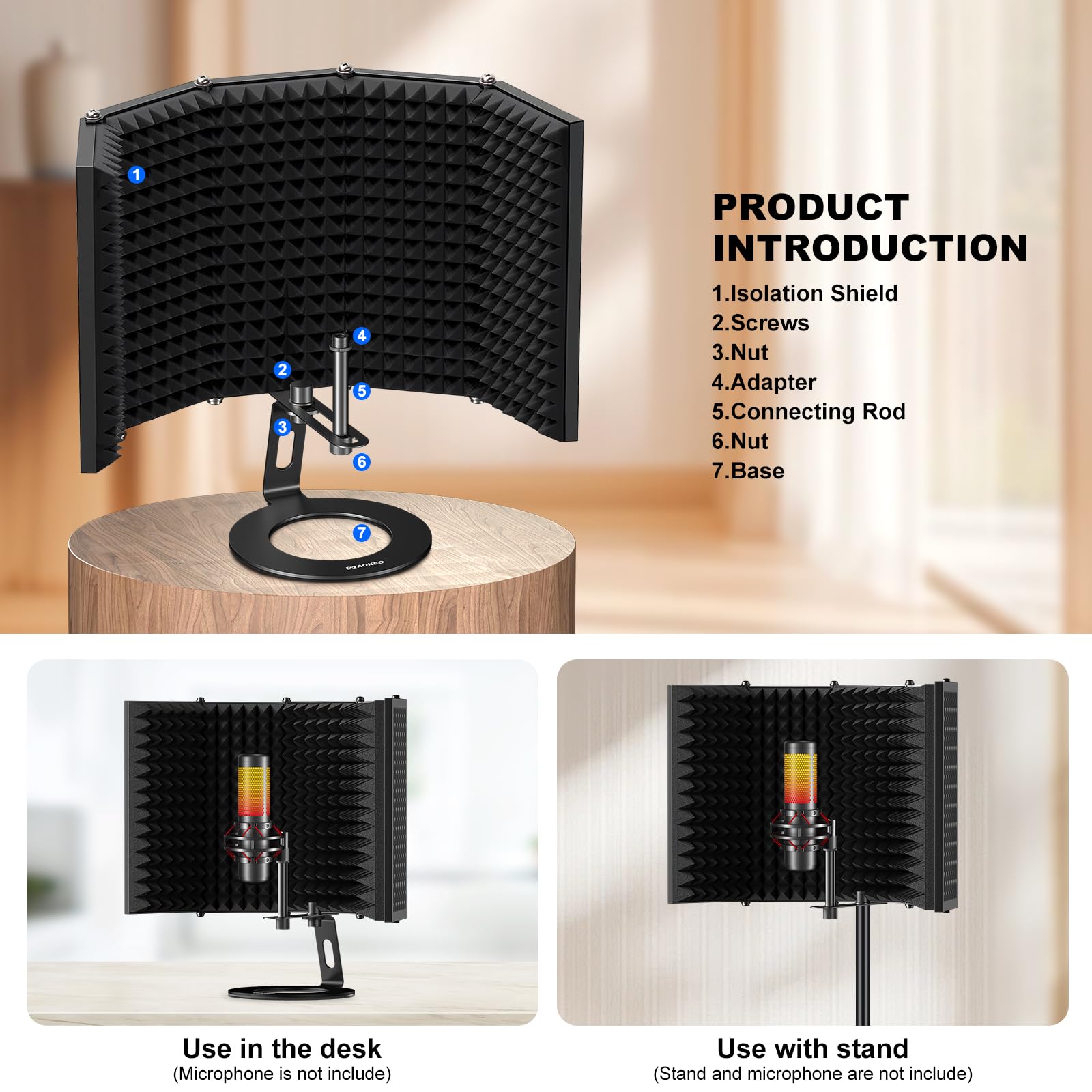 Aokeo Microphone Isolation Shield, Foldable Mic Shield With Triple Sound Insulation, Reflection Filter With 3/8 And 5/8 Mic Thre