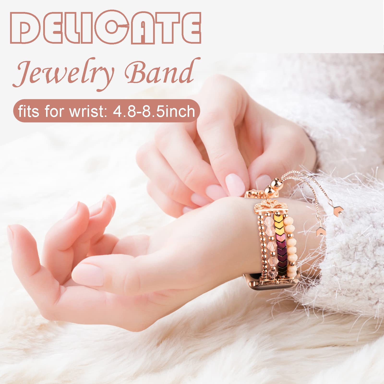 Beaded Bracelet Band Compatible For Apple Watch Ultra Series Se 8 7 6 5 4 3 2 1, Fohuas Adjustable Arrow Crystal Rainbow Pearl B