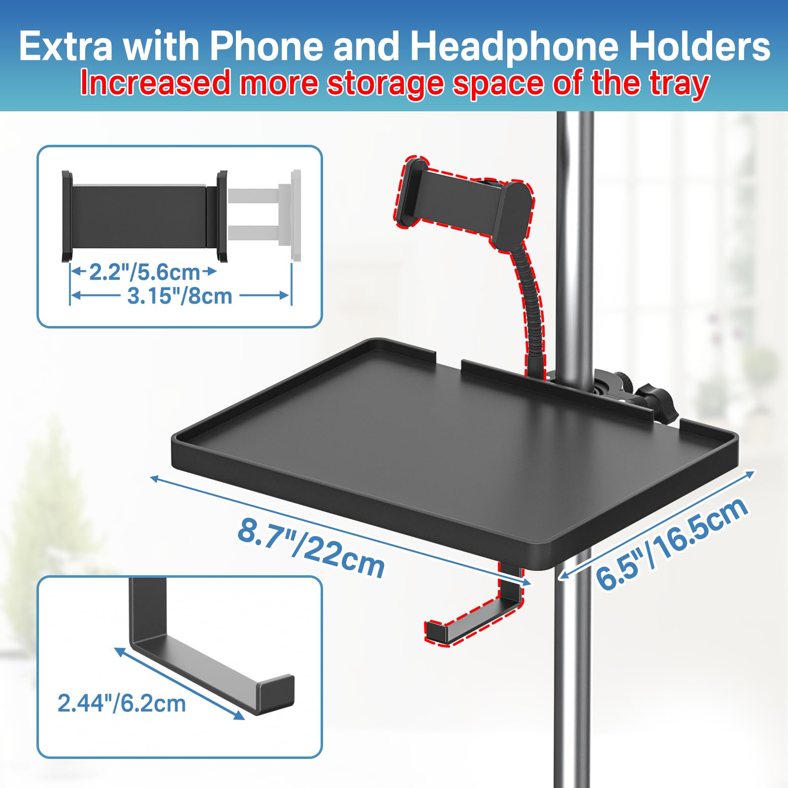 Universal Microphone Stand Tray With Phone Holder, Adjustable Mic Stand Tray Shelf Clamp On Utility Shelf   8.7'' X 6.5'' Music