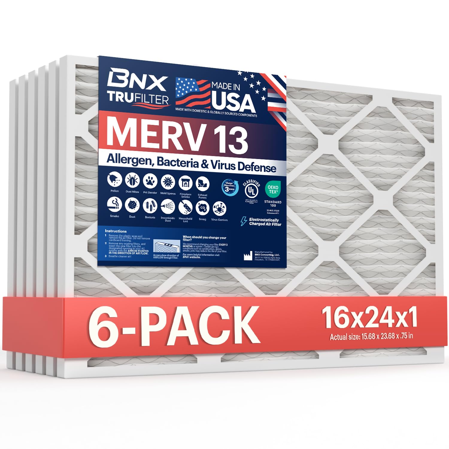 BNX TruFilter 16x24x1 Air Filter MERV 13 (6-Pack) - MADE IN USA - Electrostatic Pleated Air Conditioner HVAC AC Furnace Filters 