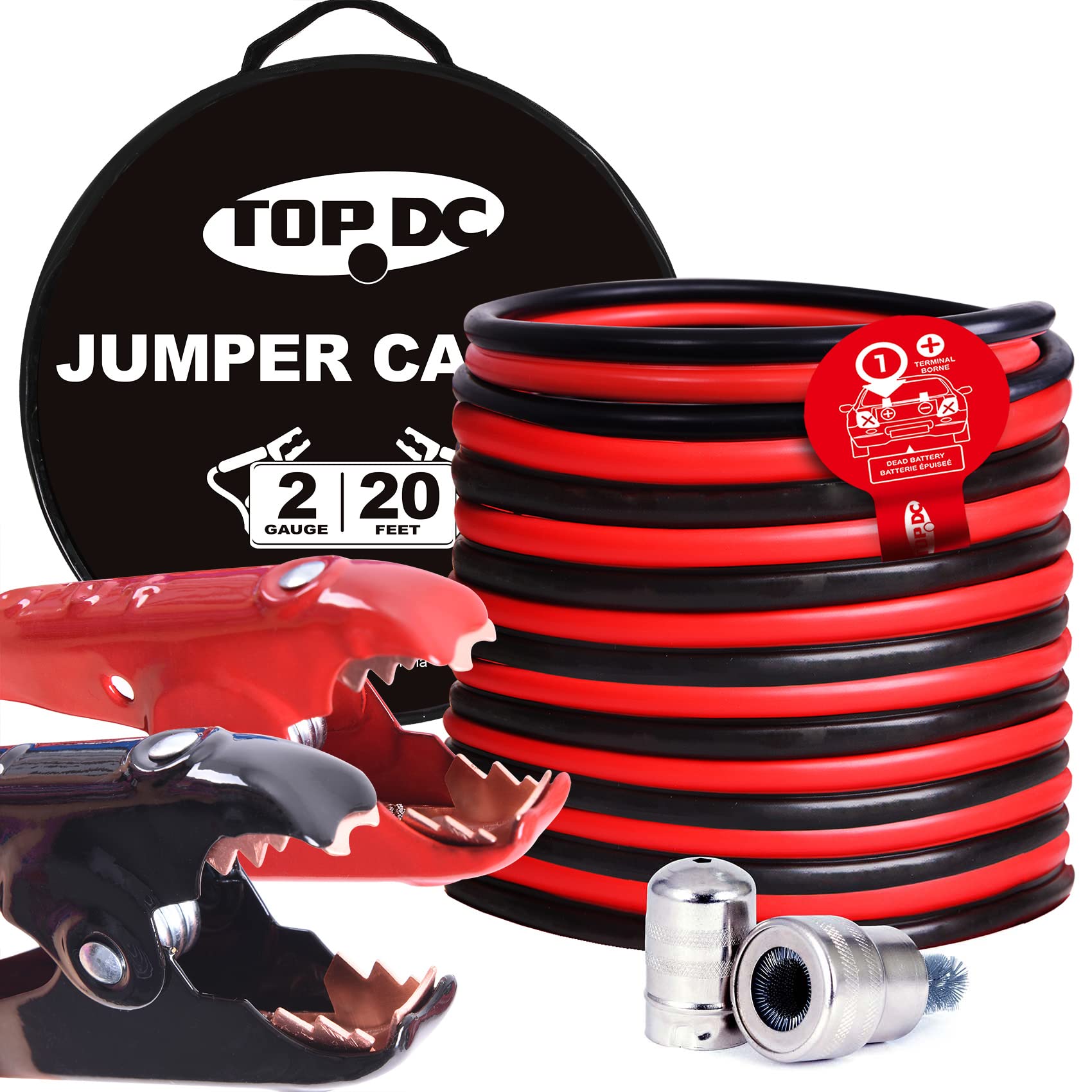TOPDC 2 Gauge 20 Feet Jumper Cables for Car, SUV and Trucks Battery, Heavy Duty Automotive Booster Cables for Jump Starting Dead