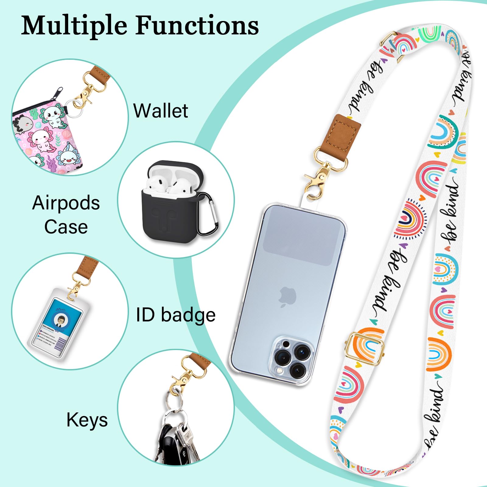 Piefly Phone Lanyard Crossbody Wrist Strap, Be Kind Cell Phone Lanyards For Around The Neck Wristlet Shoulder, Rainbow Cute Phon