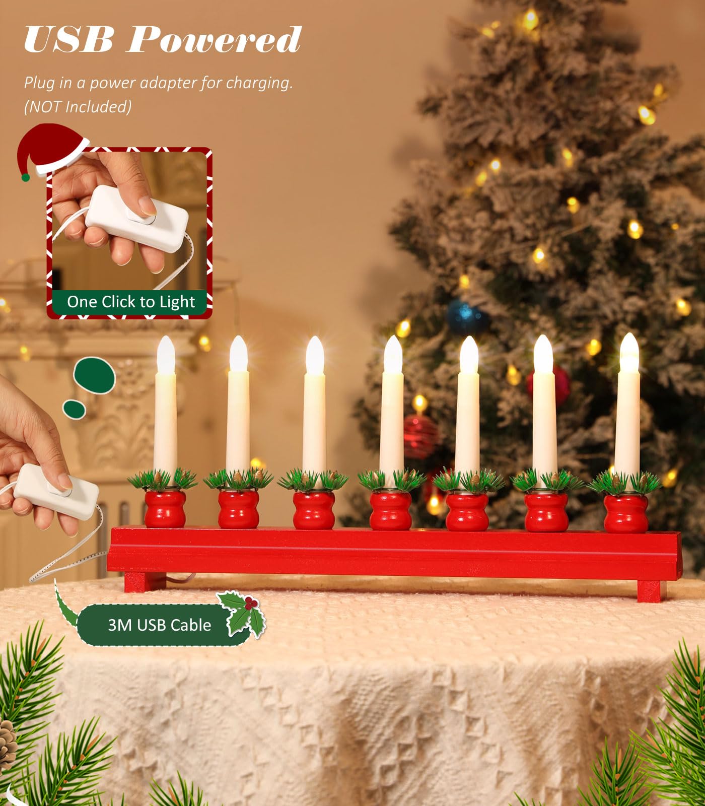 Lewondr Electric Christmas Candelabra With 7 Flameless Taper Candles, Usb Powered Wooden Candle Bridge Light For Decorative Xmas