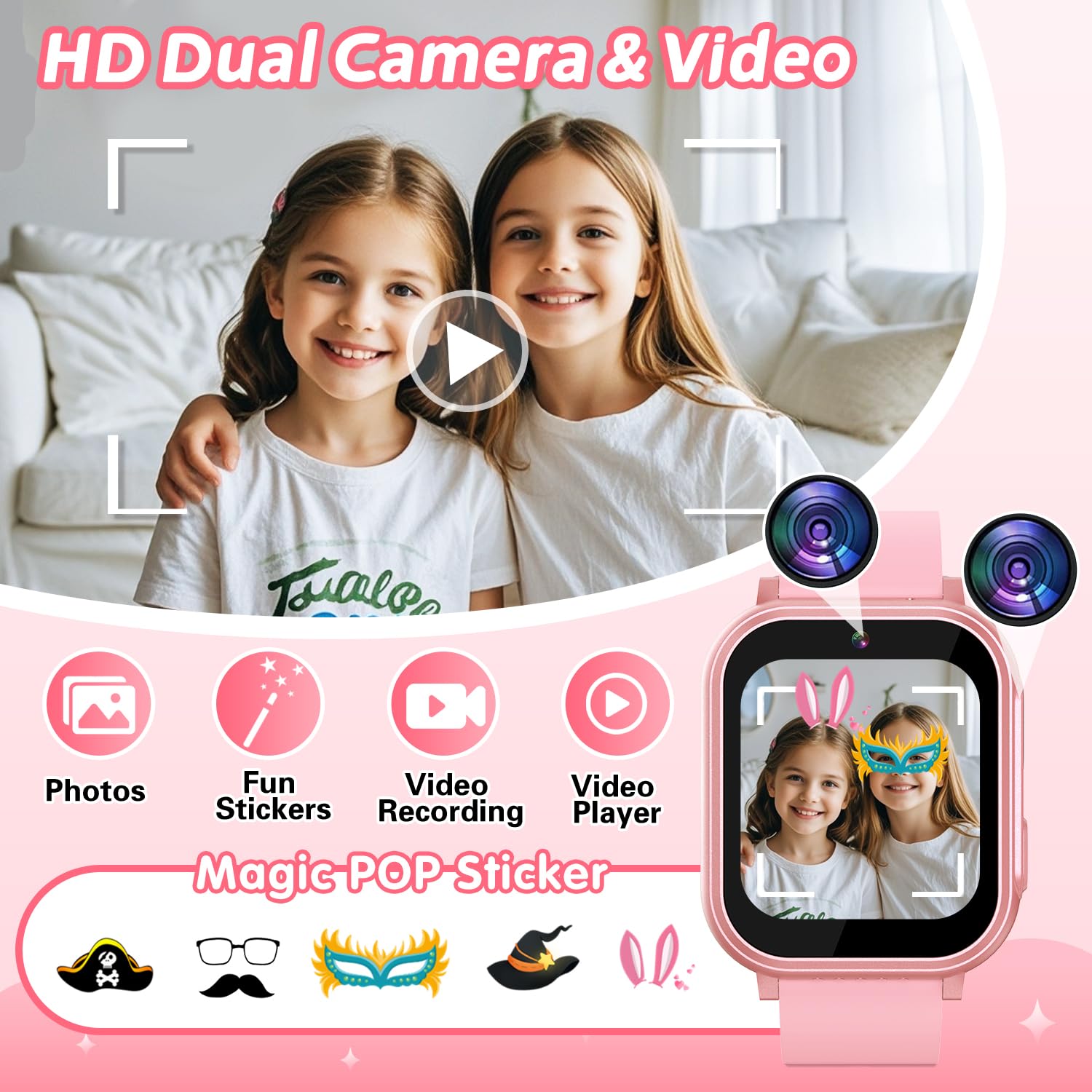 Cosjoype Kids Waterproof Smart Watch With 32 Games Dual Camera Hd Touchscreen Music Player Pedometer Flashlight Habit Tracking A