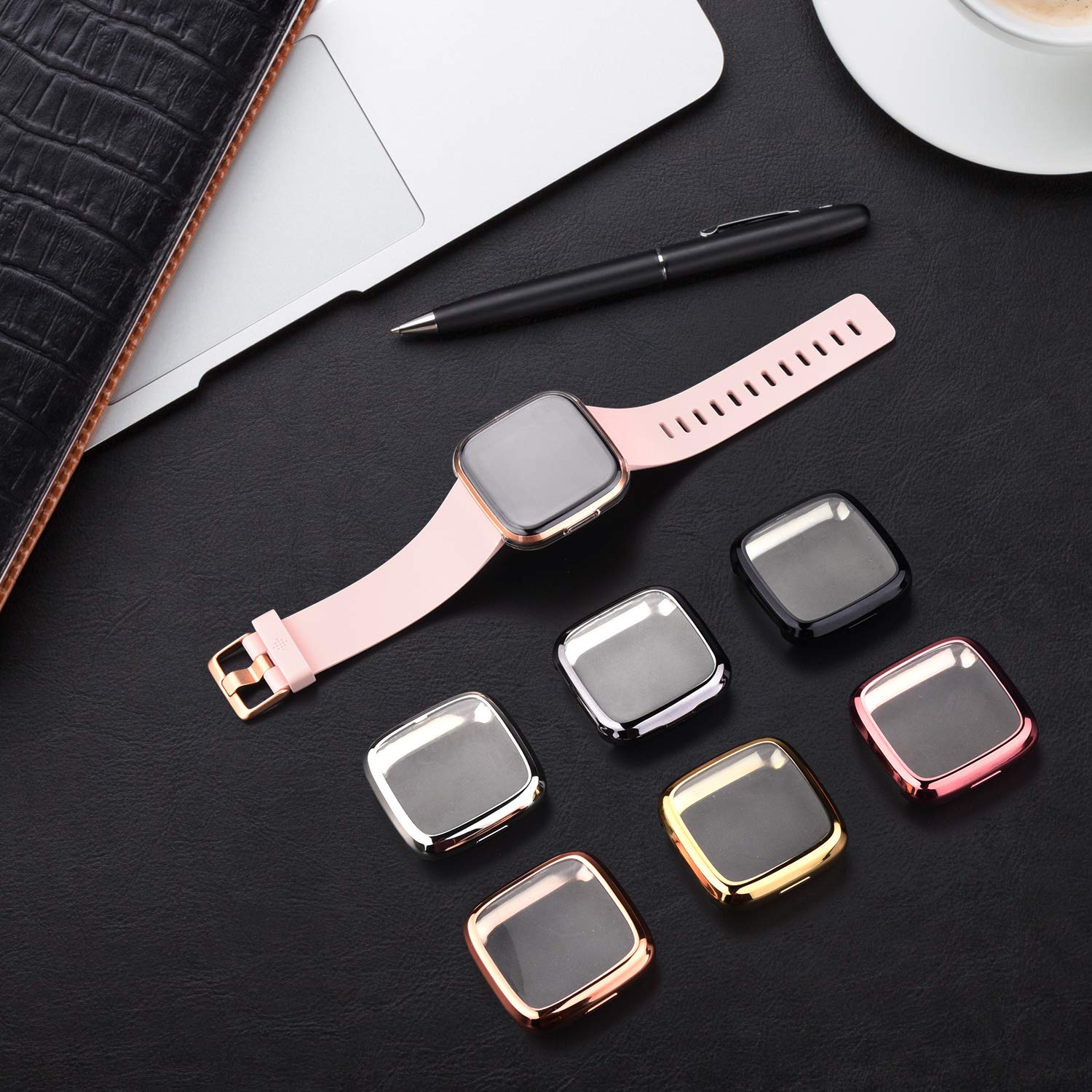 [6 Pack] Mugust Screen Protector Compatible With Fitbit Versa 2 Case, Tpu Plated Full Around Protective Case Cover (Black, Space