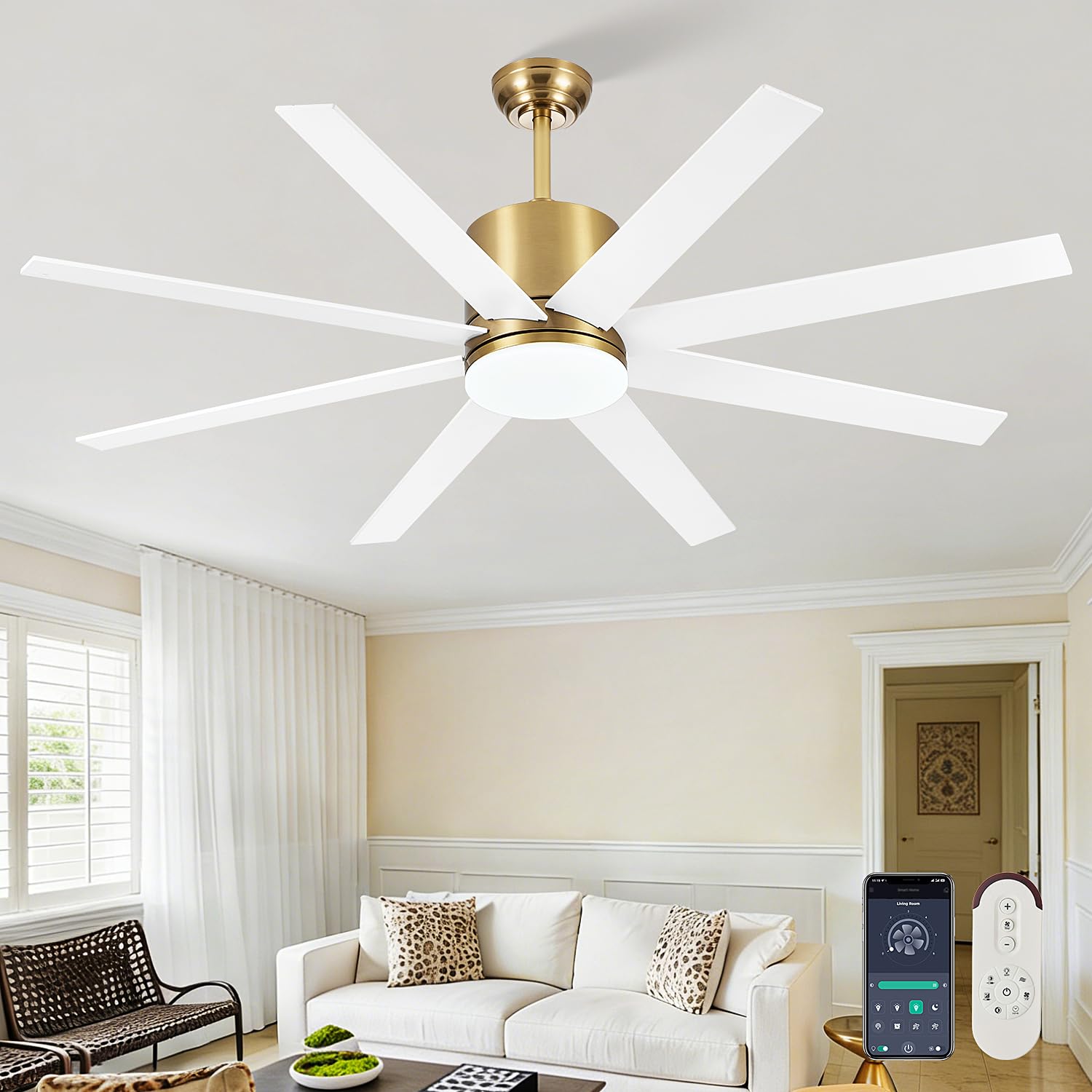 TXCSLY 60 inch Ceiling Fan with Light, Large Ceiling Fans with Remote Outdoor Ceiling Fan Quiet DC Motor, 8 Blades, 6 Wind Speed