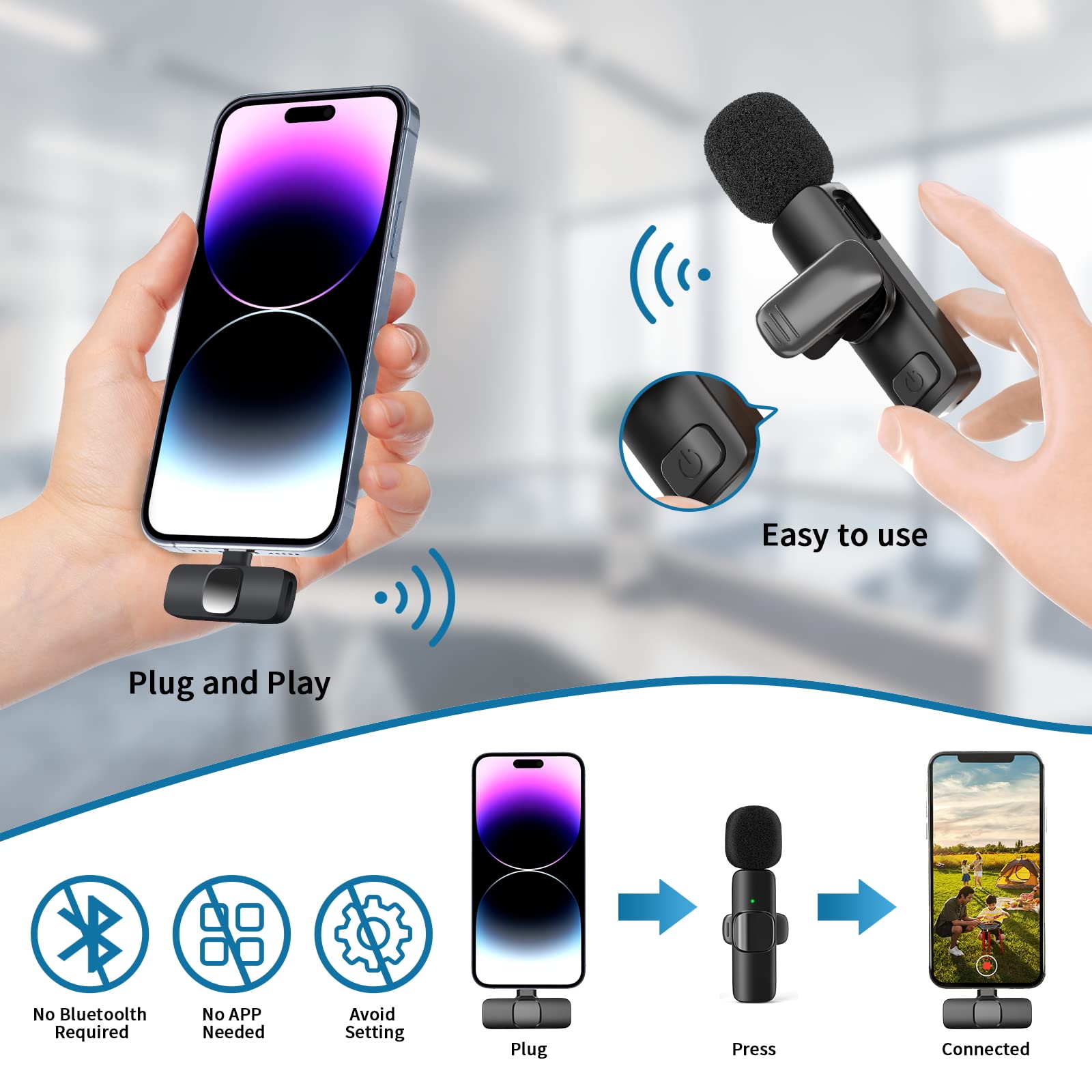 Gicorino Wireless Lavalier Microphone For Iphone, Wireless Mic For Iphone15 With Noise Reduction Chip, Mini Microphone For Recor