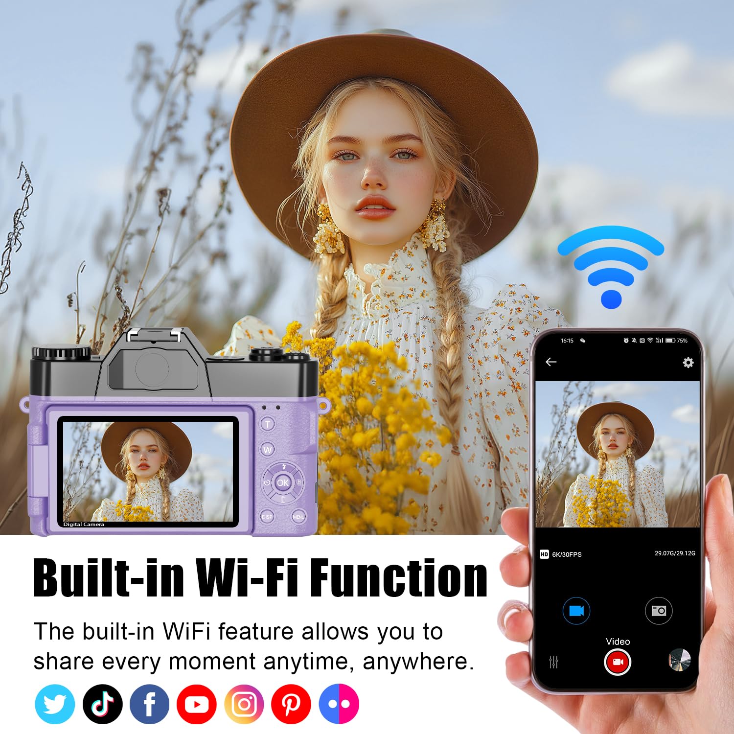 6K Digital Camera For Photography, 64Mp Vlogging Camera For Youtube With 3  180 Flip Screen, 16X Zoom Autofocus Compact Travel B