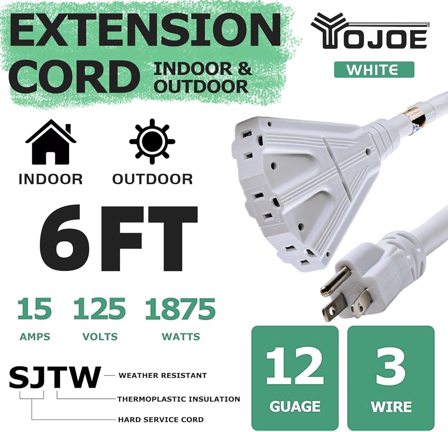 Yojoe 3 Outlets Indoor Outdoor Extension Cord, 3 Prong 15A Weatherproof Power Cord Multiple Outlets, 12 Gauge Heavy Duty 6 Ft Wh