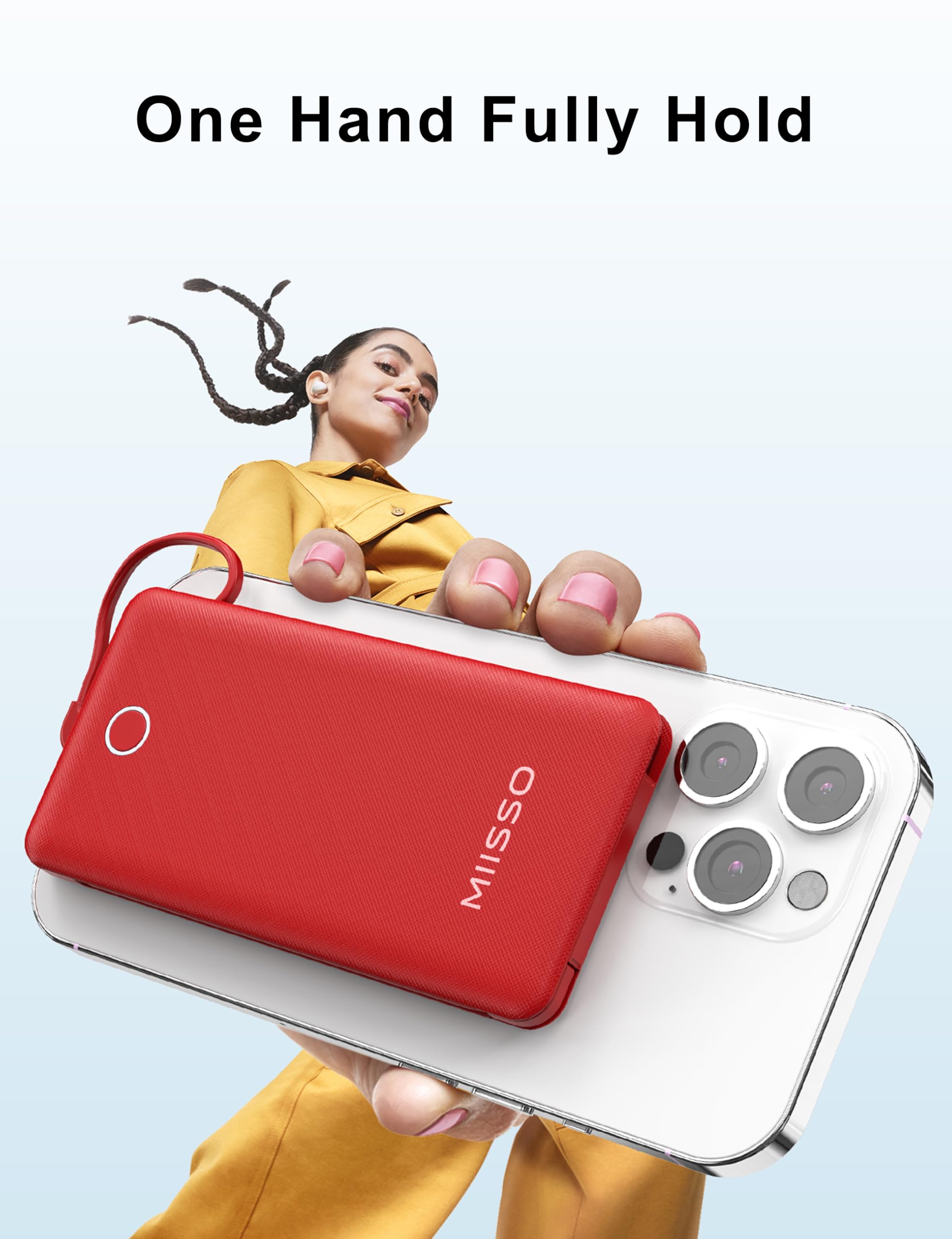 Miisso 10000Mah Slim Portable Charger With Built In Cable, Power Bank Travel Phone Charger External Battery Pack For Phones, 4 O