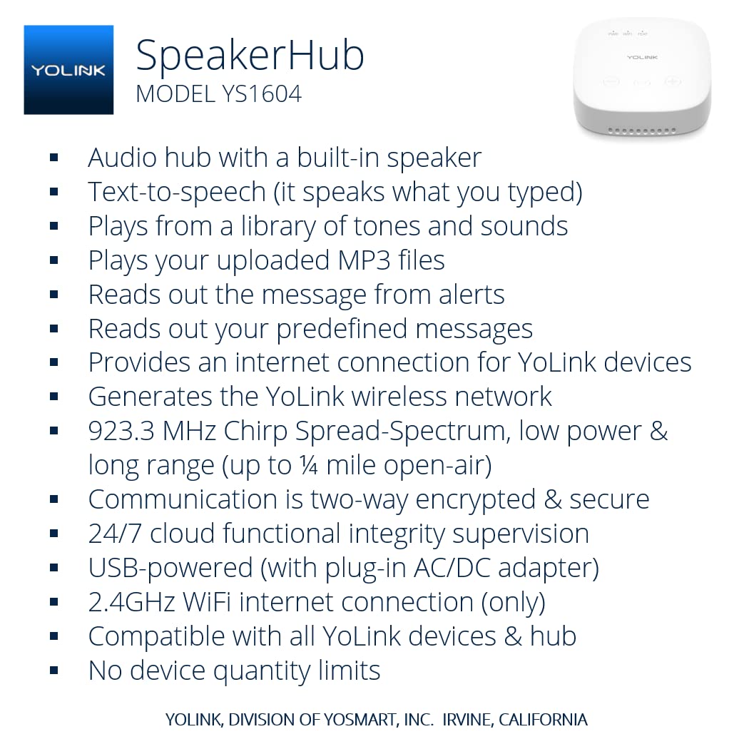Yolink Speakerhub   Smart Home Speaker Hub, Plays Tones/Alarms And Your Text To Speech Custom Messages, Voice Announcements, Audio Voice Alert, Spoken Alerts, Lora Powered � Mile Range, Wifi Required