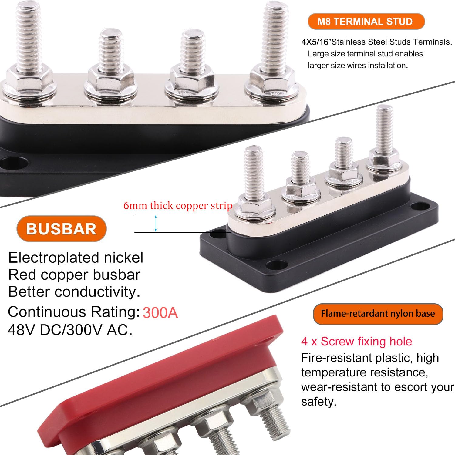 Gloaso 300A Copper Bus Bar 12V Car Buss Bar Power Distribution Block With Cover Marine 4 X 5/16'' Studs Terminals Blocks, Heavy