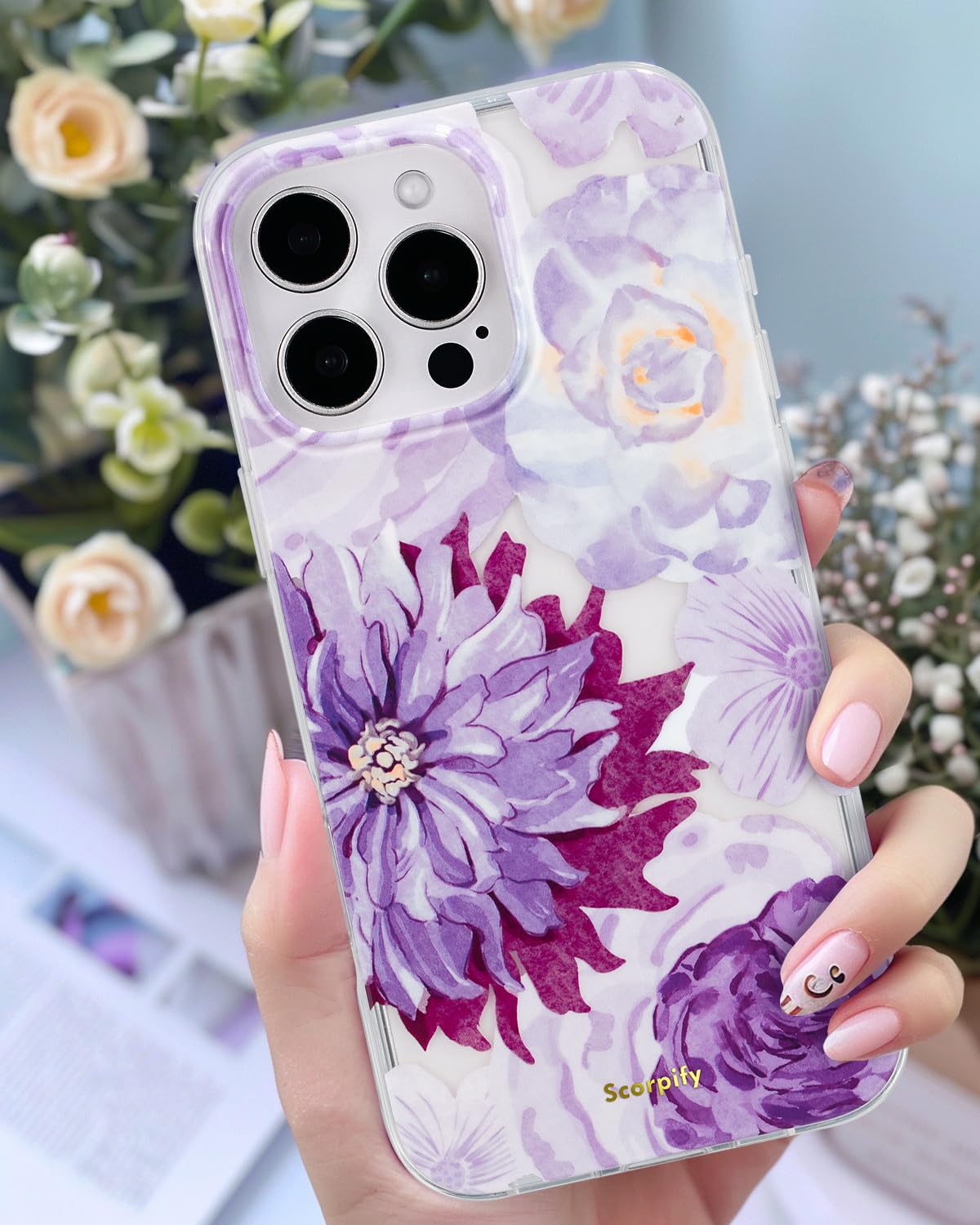 Scorpify For Iphone 16 Pro Case [Compatible With Magsafe] With Purple Zinnia Floral Design, Cute Clear Magnetic Phone Cover For