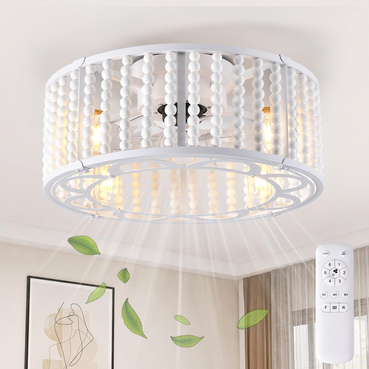 Gjeg Ceiling Fans With Lights And Remote, 18'' Boho Caged Ceiling Fan With Wood Beaded, Low Profile,Flush Mount 6 Speeds, Ceilin