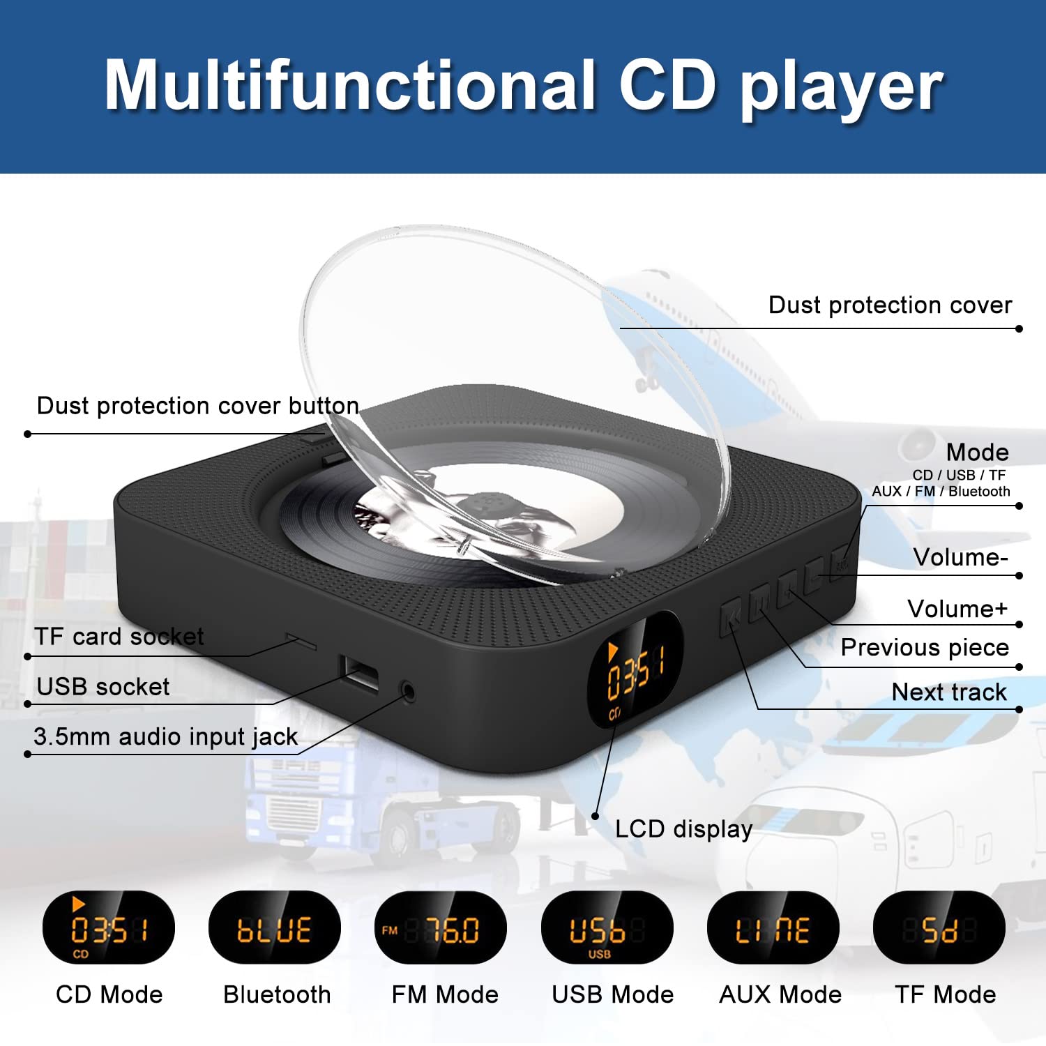 Micocious Portable Cd Player With Bluetooth Desktop Cd Player For Home Cd Music Players With Remote Control,Timer,Built In Dual