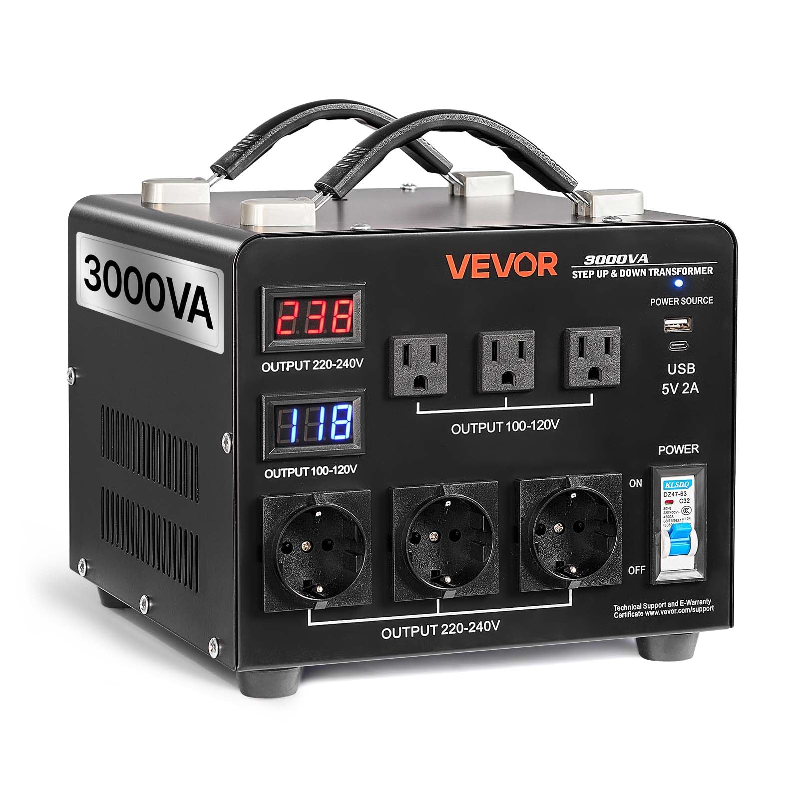 VEVOR Voltage Auto Converter Transformer, 3000VA, Heavy Duty Step Up/Down Power Transformer, 110V to 220V and 220V to 110V, with