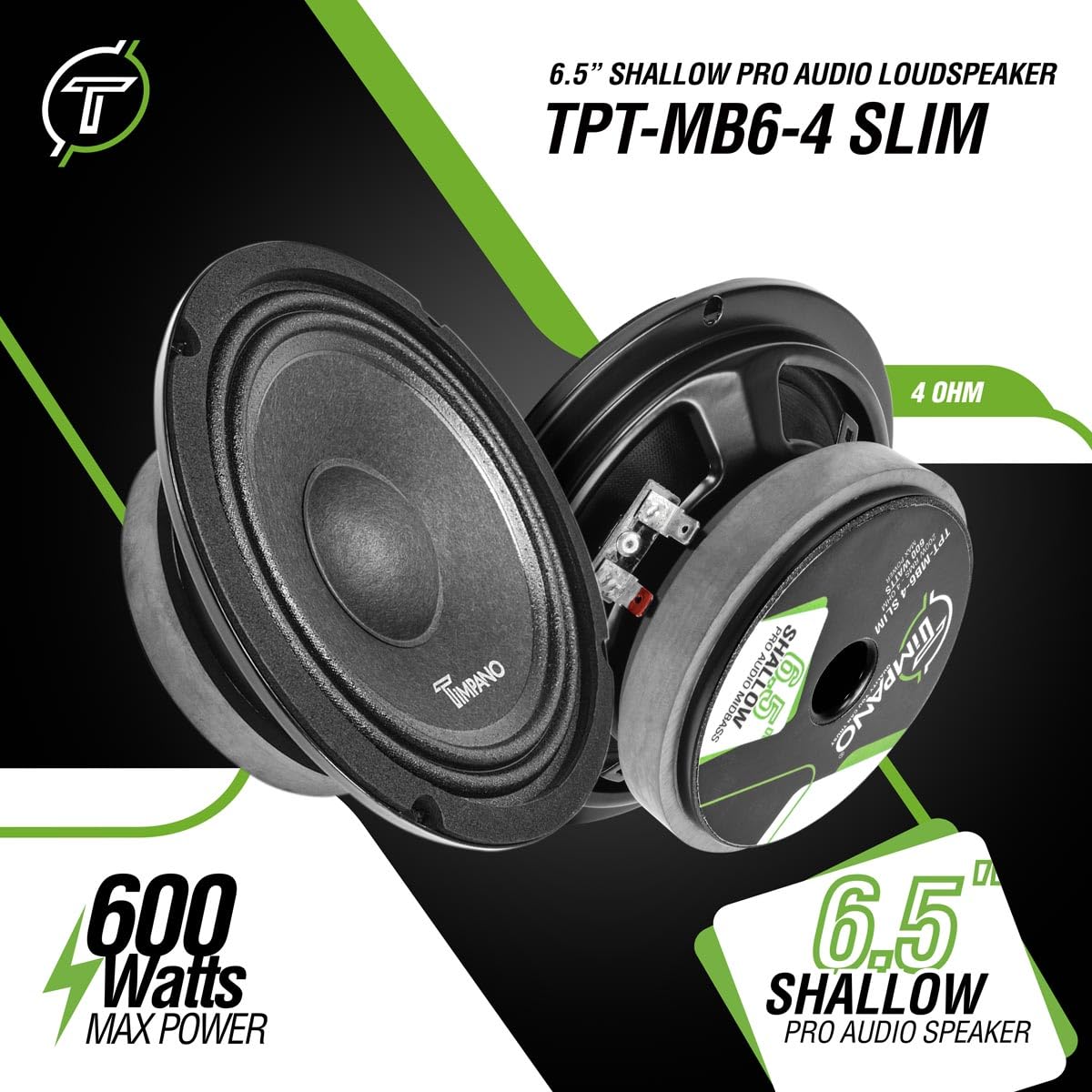 Timpano 6.5 Inch Shallow Car Speaker 600 Watts Tpt Mb6 4 Slim Shallow Profile 4 Ohm, Pro Midbass Car Audio Loudspeaker Compact F