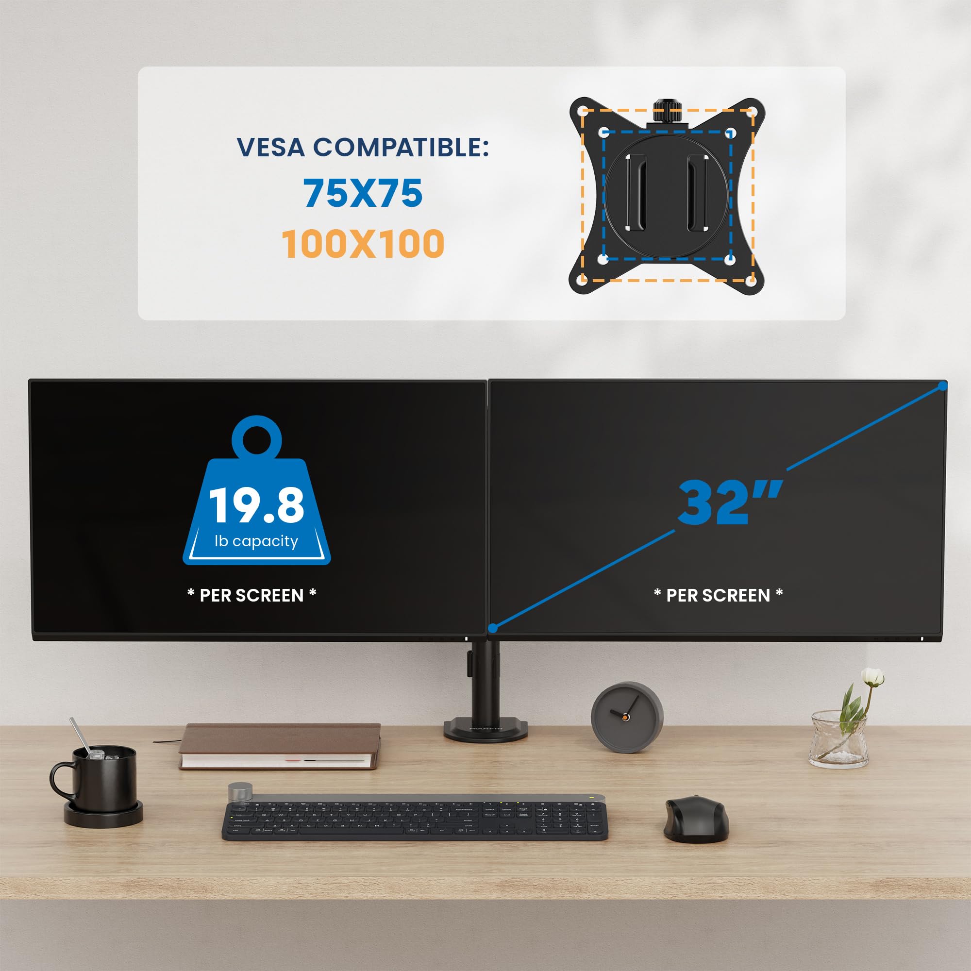 Mount It! Dual Monitor Mount, Dual Monitor Arm for 2 Screens, Dual Monitor Desk Mount, Adjustable Tilt and Swivel Arms for Double Screens up to 32� & 19.8 Lbs VESA 75x75 and 100x100 C clamp & Grommet