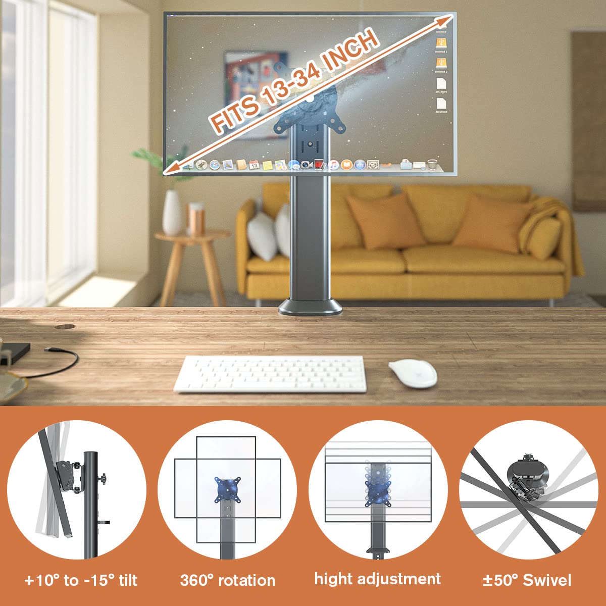 Hemudu Single Desk Monitor Arm Mount Stand Fit For 13 Inch To 34 Inch Flat Curved Computer Screen With Swivel, Height Adjustable