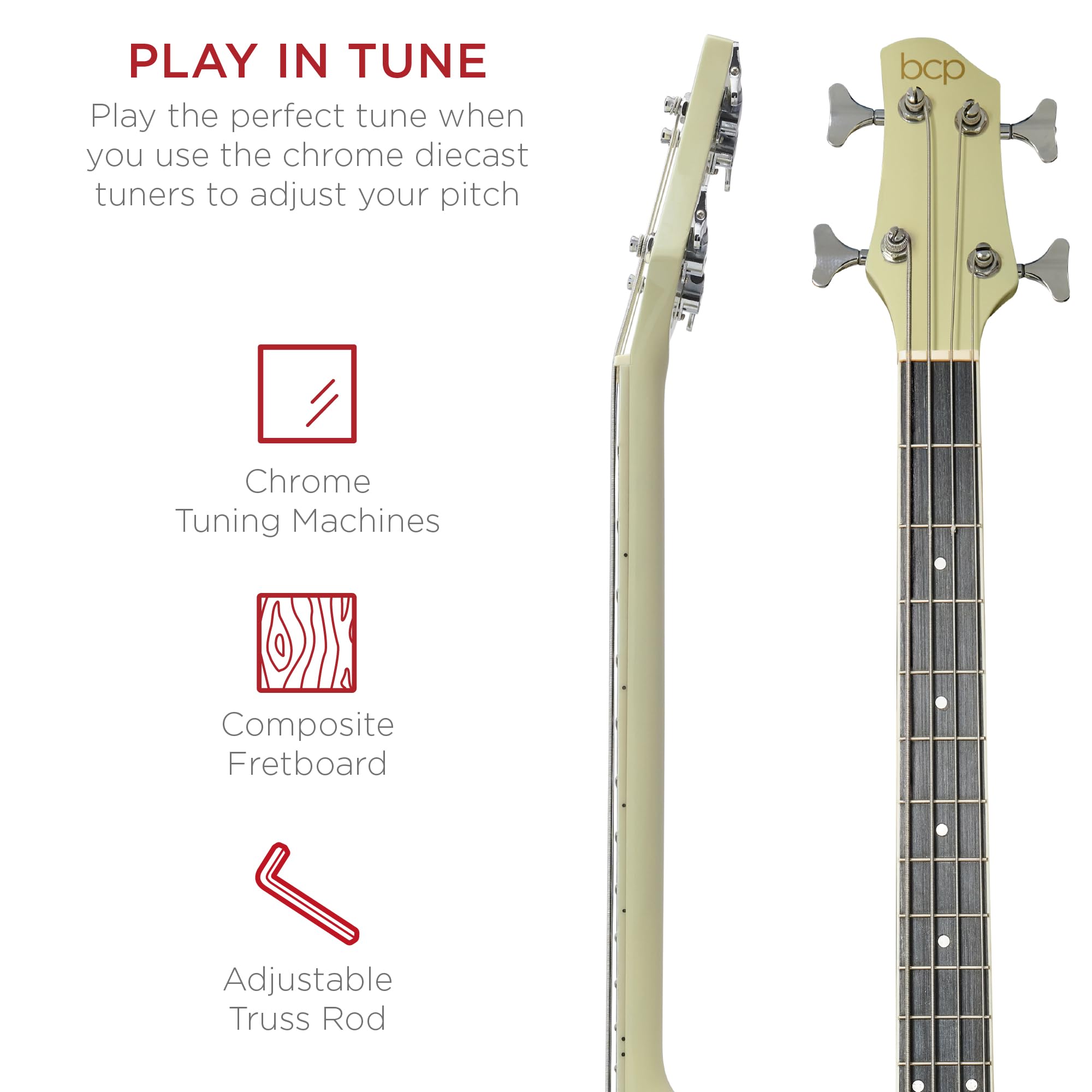 Best Choice Products Acoustic Electric Bass Guitar, Full Size 4 String, Fretted Bass Guitar W/Padded Gig Bag   Cream White