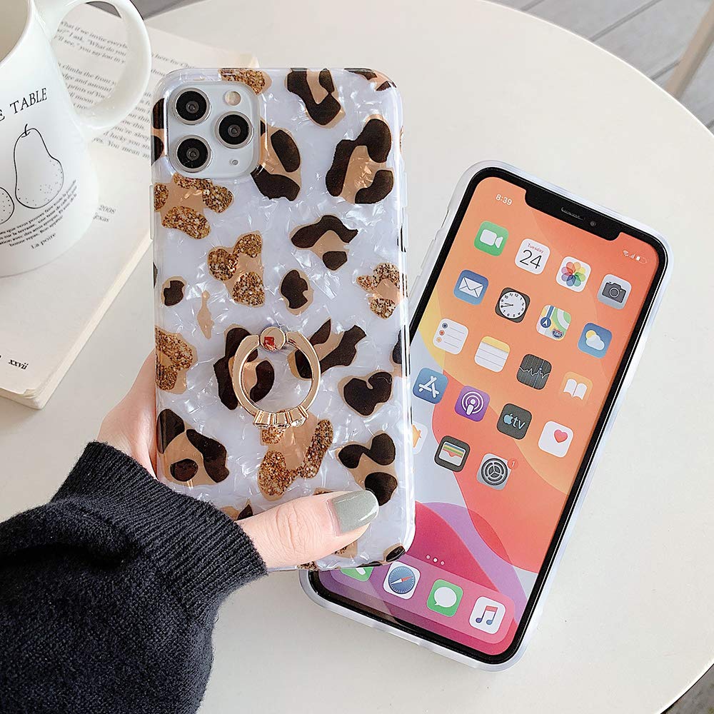 Qokey iPhone X/XS Phone Case 360 Degree Rotating Ring Kickstand Shockproof TPU Leopard