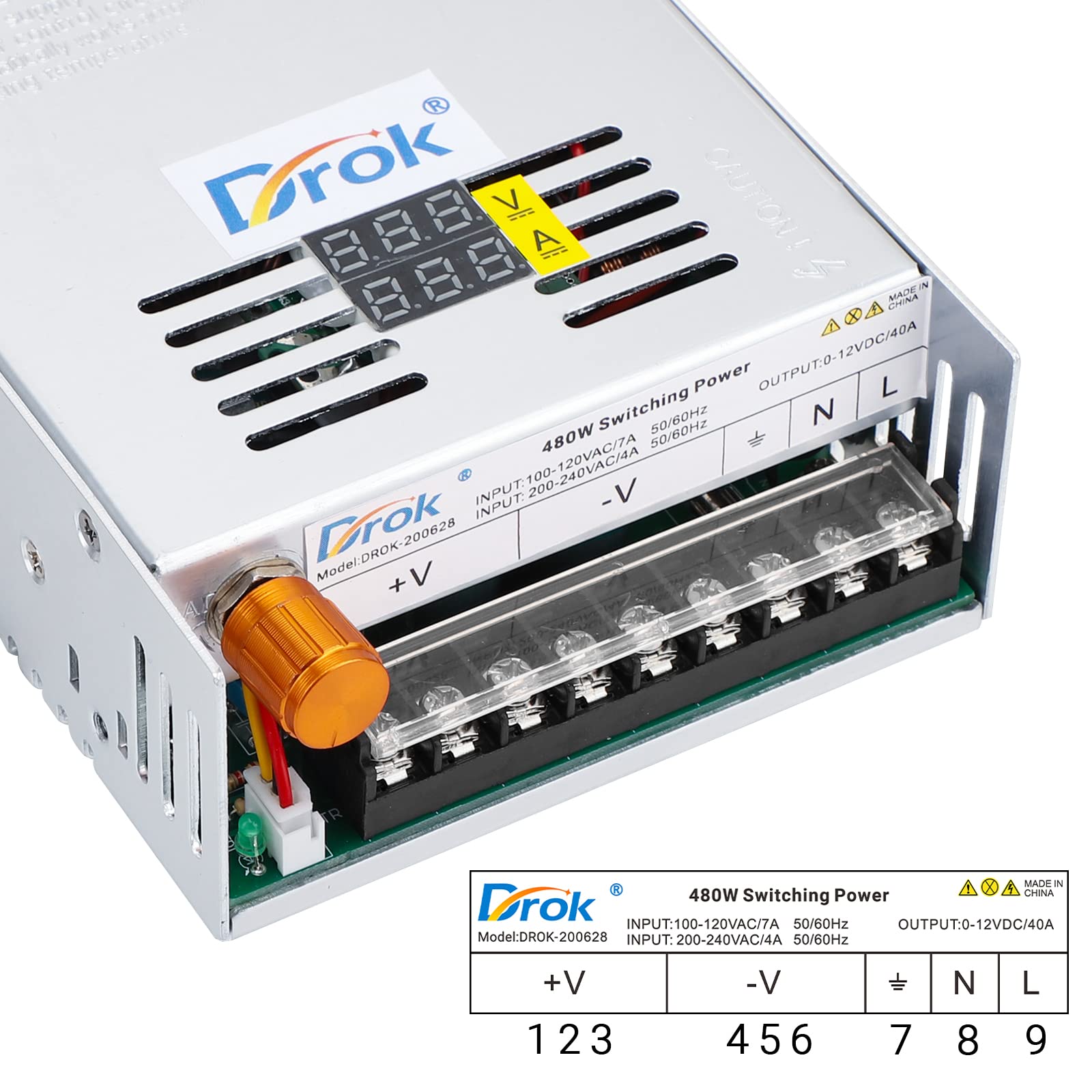 Drok 12V Power Supply, Ac 110V 220V To Dc 0 12V 40A 480W Buck Converter Dual Display, Variable Adjustable Adapter Regulated 5V 6