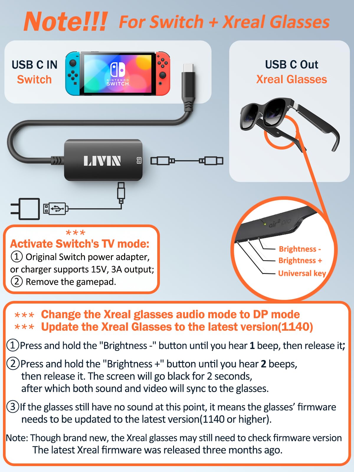Livin Ar Glasses Adapter, Usb C To Xreal/Rokid/Viture/Rayneo, 2 In 1?4K@60Hz+Charger 100W?, Plug & Play, Aluminum Shell, For Iph
