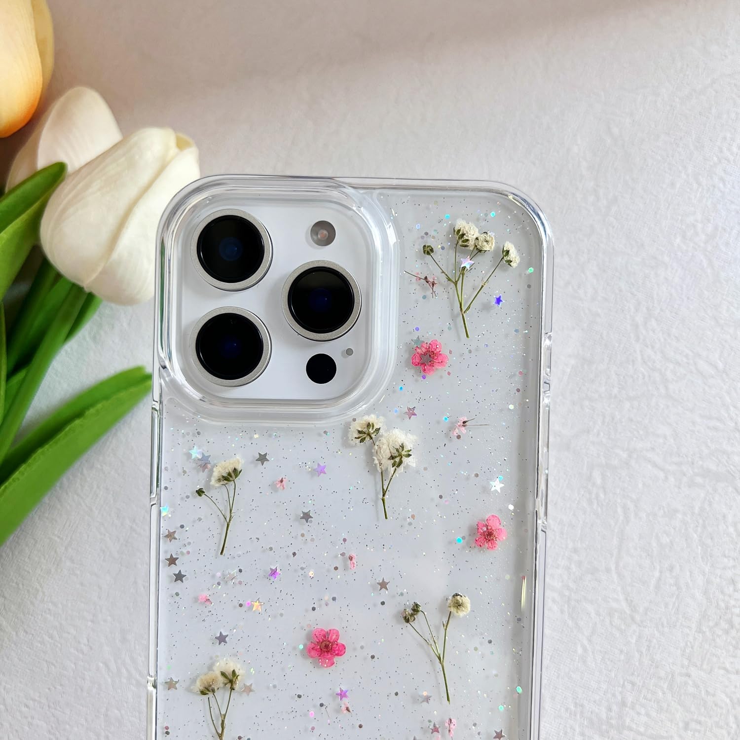 Lseeka For Iphone 16 Pro Max Clear Case With Pressed Real Flowers Design,Glitter Cute Pink Floral Pattern Slim Soft Tpu Protecti