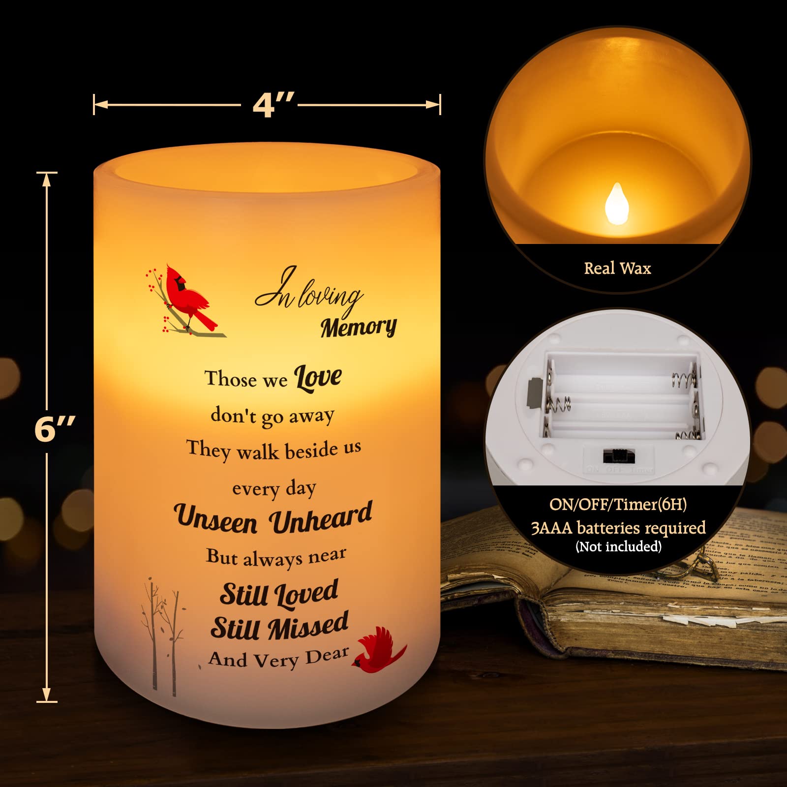Memorial Gifts Flameless Cardinal Candle, Real Wax Led Light With Timer Sympathy Gift For Loss Of Loved One Memorial Gifts For L