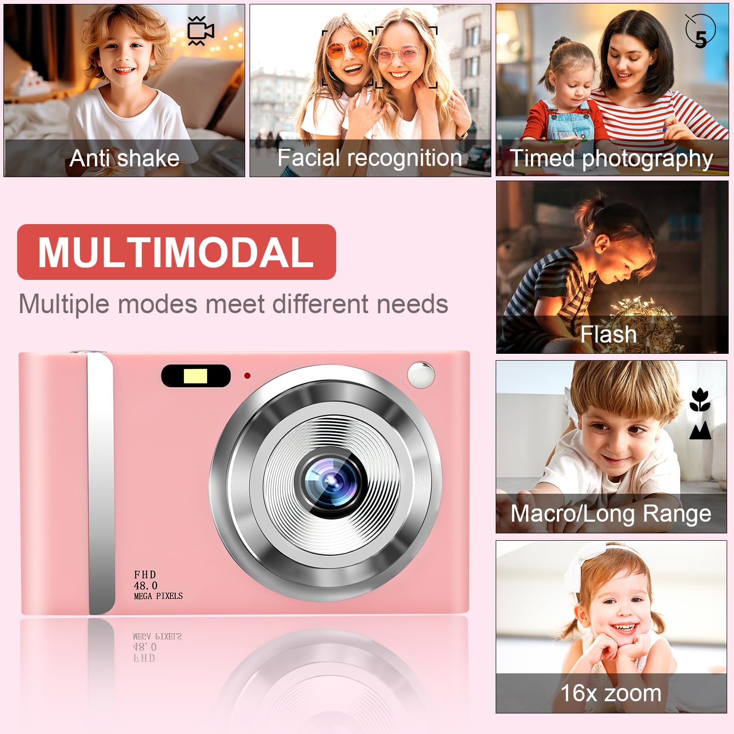 Digital Camera, Fhd 1080P Kids Camera With 32Gb Card, Digital Point And Shoot Cameras With 16X Zoom Anti Shake, 48Mp 2.8 Inch Lc