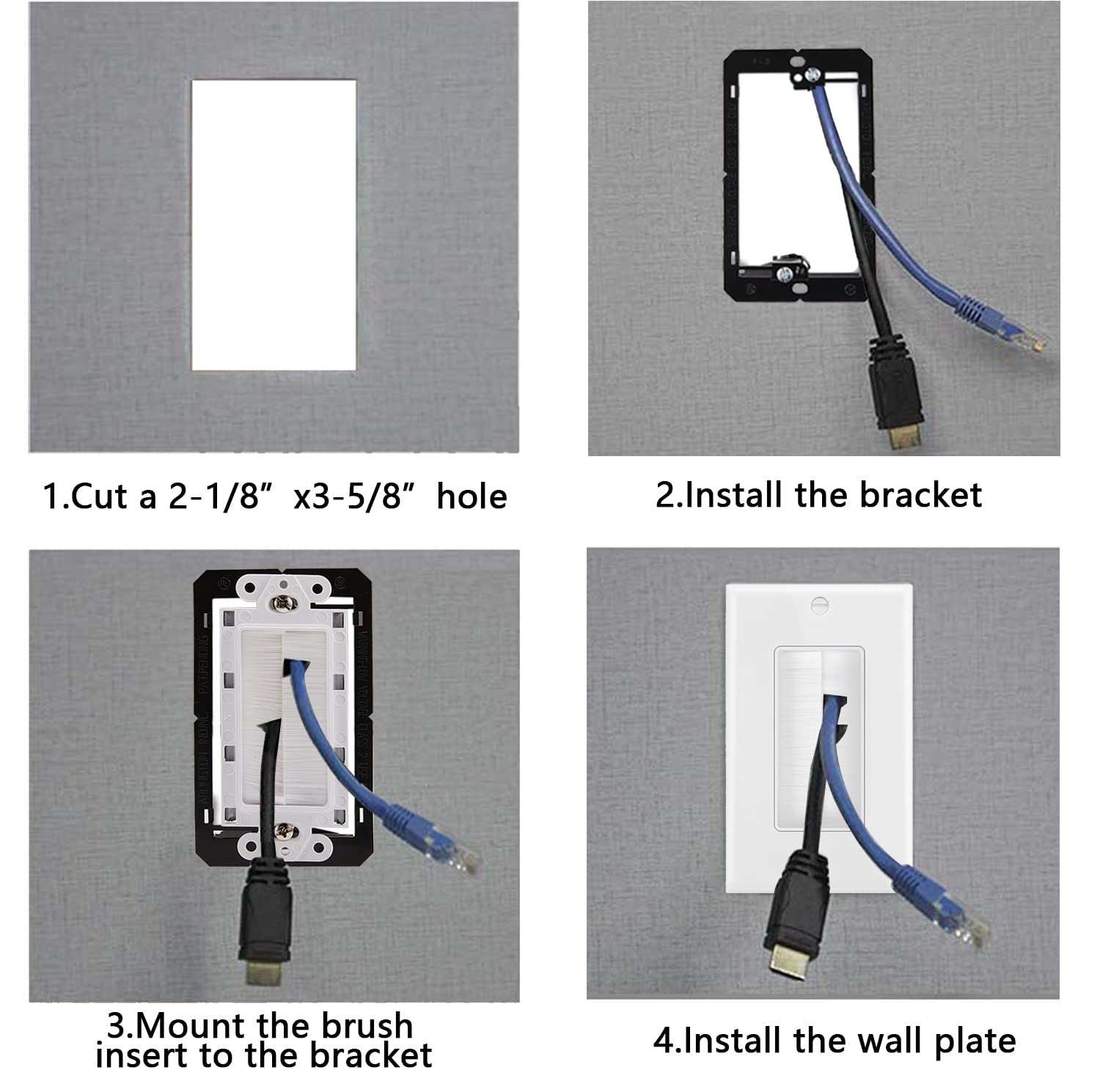 Tedgetal Single Gang Brush Wall Plate with Low Voltage Mounting Bracket ABS White