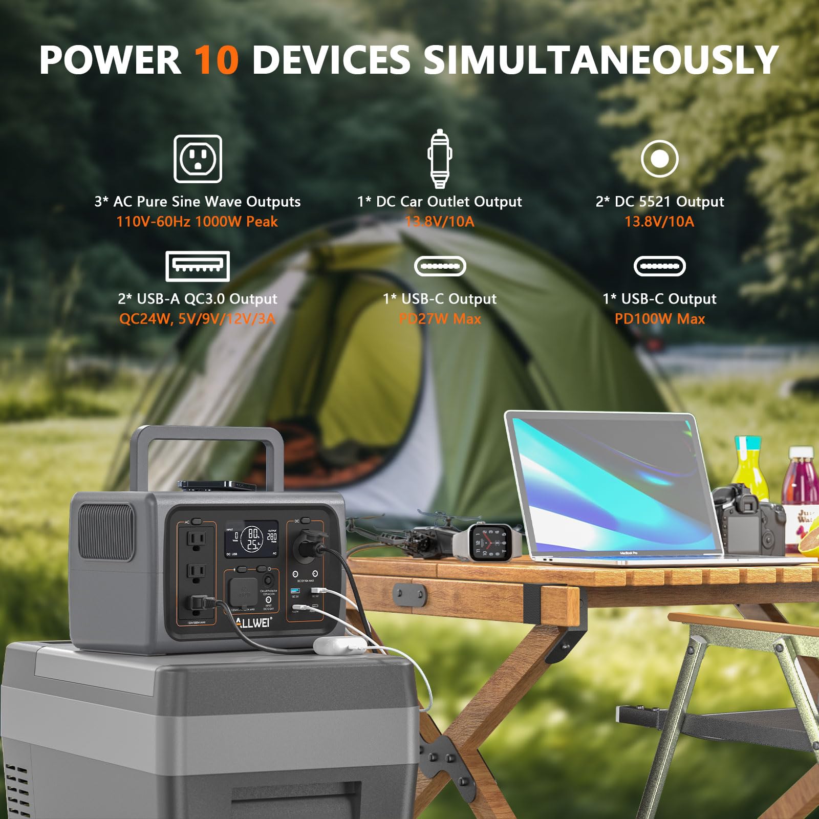 Allwei Portable Power Station 500W, 512Wh Lifepo4 Battery, Ups Function, 2.5Hrs Fast Charge, 3 Ac Outlets(Surge 1000W), Solar Ge