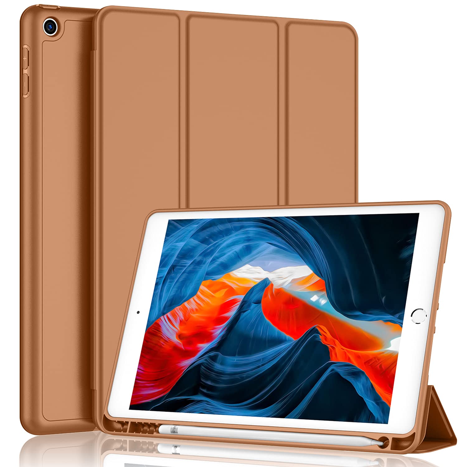 Imieet Ipad 9Th Generation Case 2021/Ipad 8Th Generation Case 2020 10.2 Inch With Pencil Holder, Ipad 7Th Gen 2019 Case With Soft Baby Skin Silicone Back, Auto Wake/Sleep Cover (Brown)