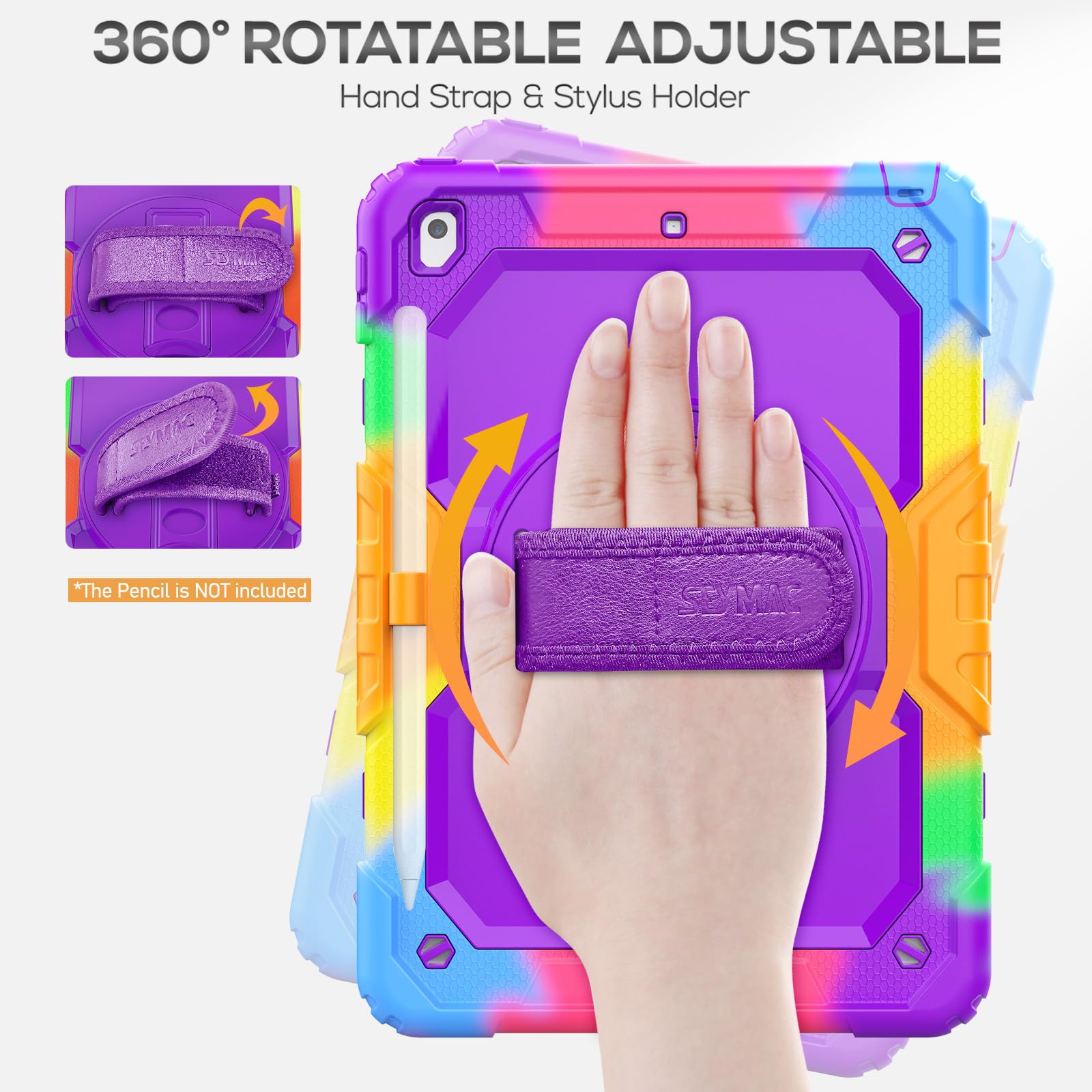 SEYMAC iPad Case for 10.2" 9th/8th/7th Gen, Shockproof, Rotatable Hand Strap, Shoulder Strap, Colorful Purple, Polycarbonate