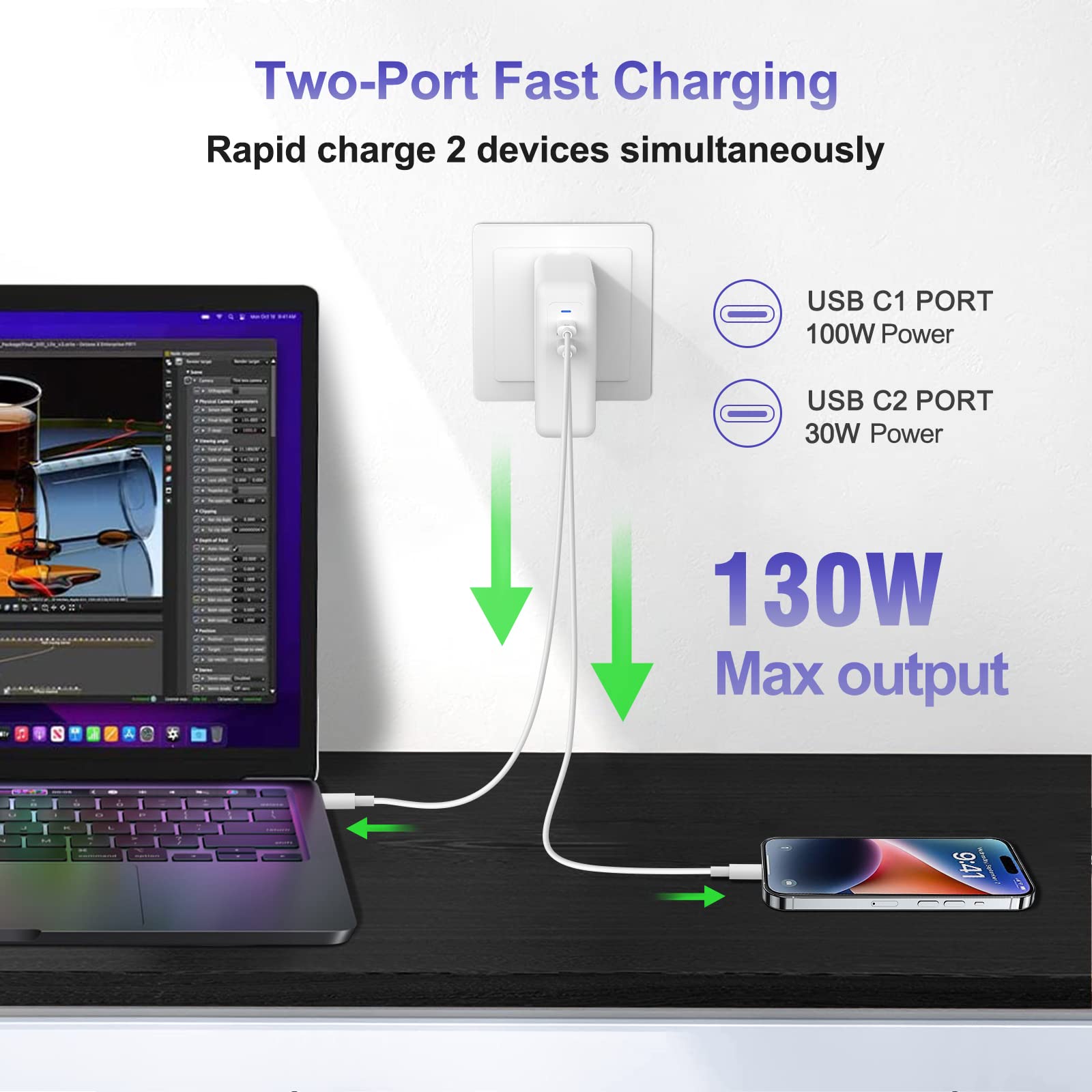Macbook Pro Charger/Macbook Air Charger 130W Dual Usb C Charger For Macbook Pro 16, 15, 14, 13 Inch, Macbook Air M1/M2, Ipad Pro
