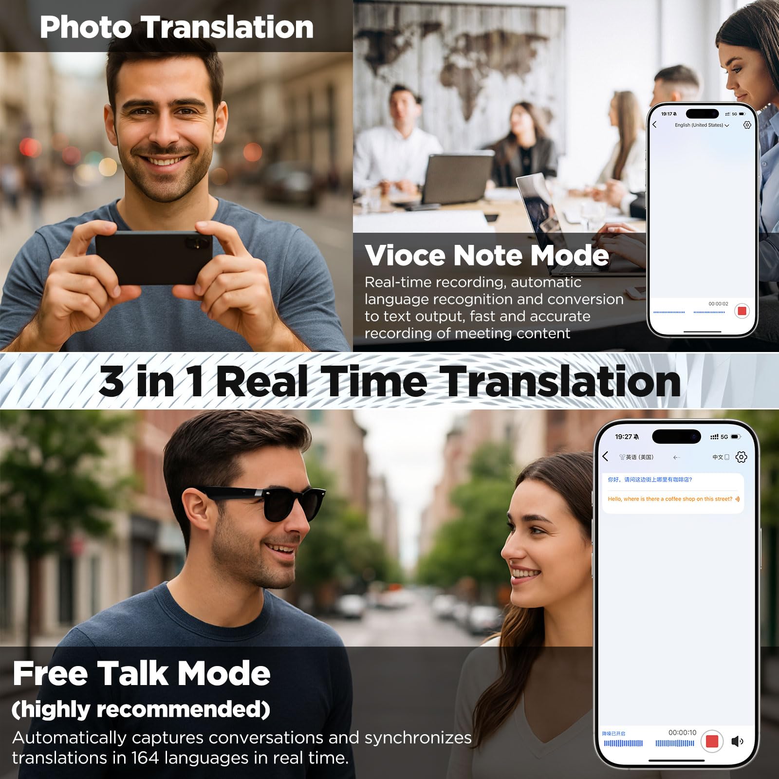 Anpress Smart Glasses Men Women Ai Bluetooth Glasses With 164 Languages & Accents Real Time Translation, Ai Translator Glasses W