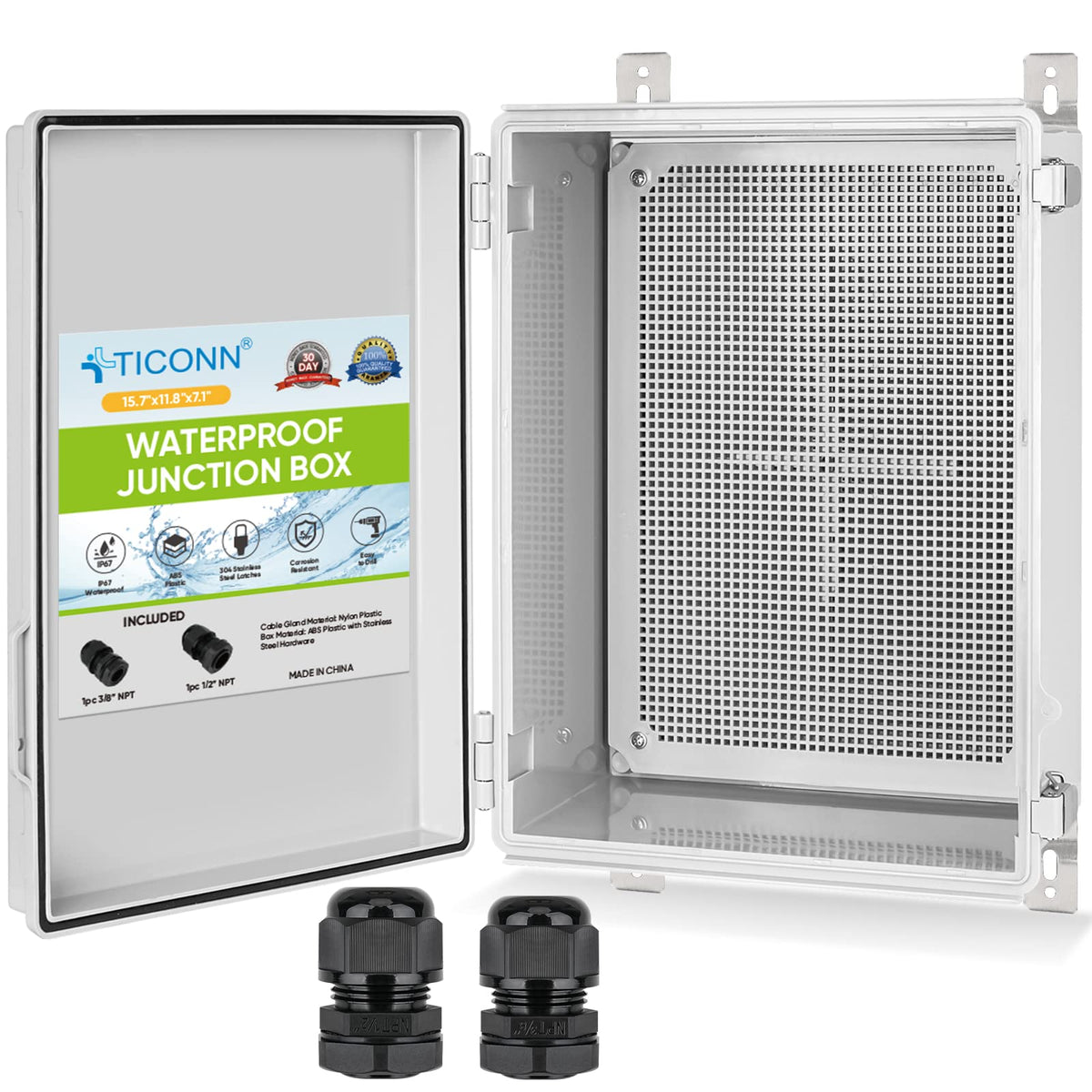 Ticonn Waterproof Electrical Junction Box Ip67 Abs Plastic Enclosure With Hinged Cover With Mounting Plate, Wall Brackets, Cable