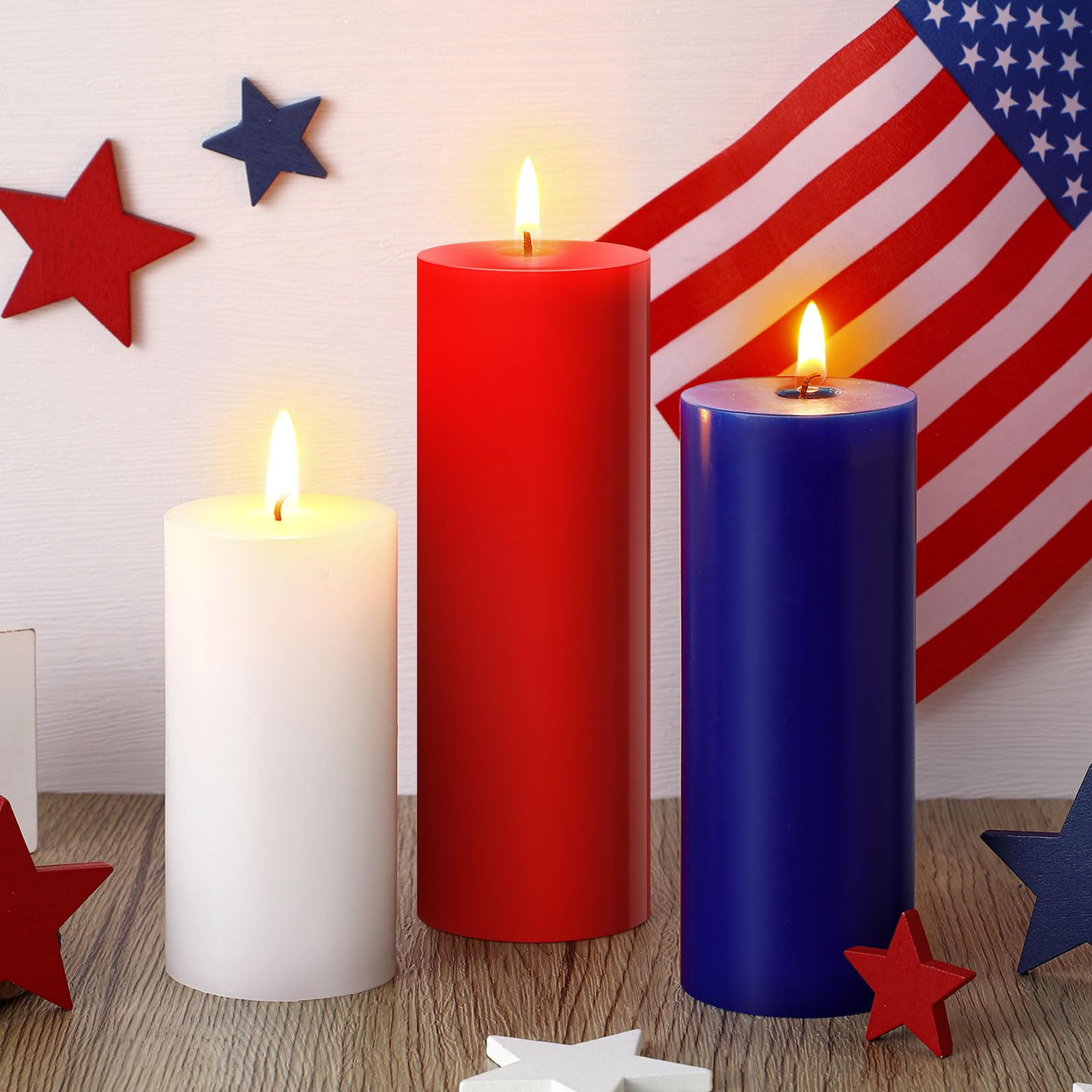 Conelist 3 Pcs Red White and Blue Wax Candle 4th of July Unscented Dripless Pillar Patriotic Candles Smokeless Independence Day 