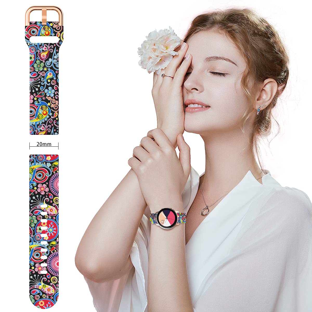 Toolaik Floral Watch Bands Compatible With Samsung Galaxy Watch 7 6 5 4 Active 2 40Mm /44Mm,Active Watch Band 40Mm, 20Mm Silicon